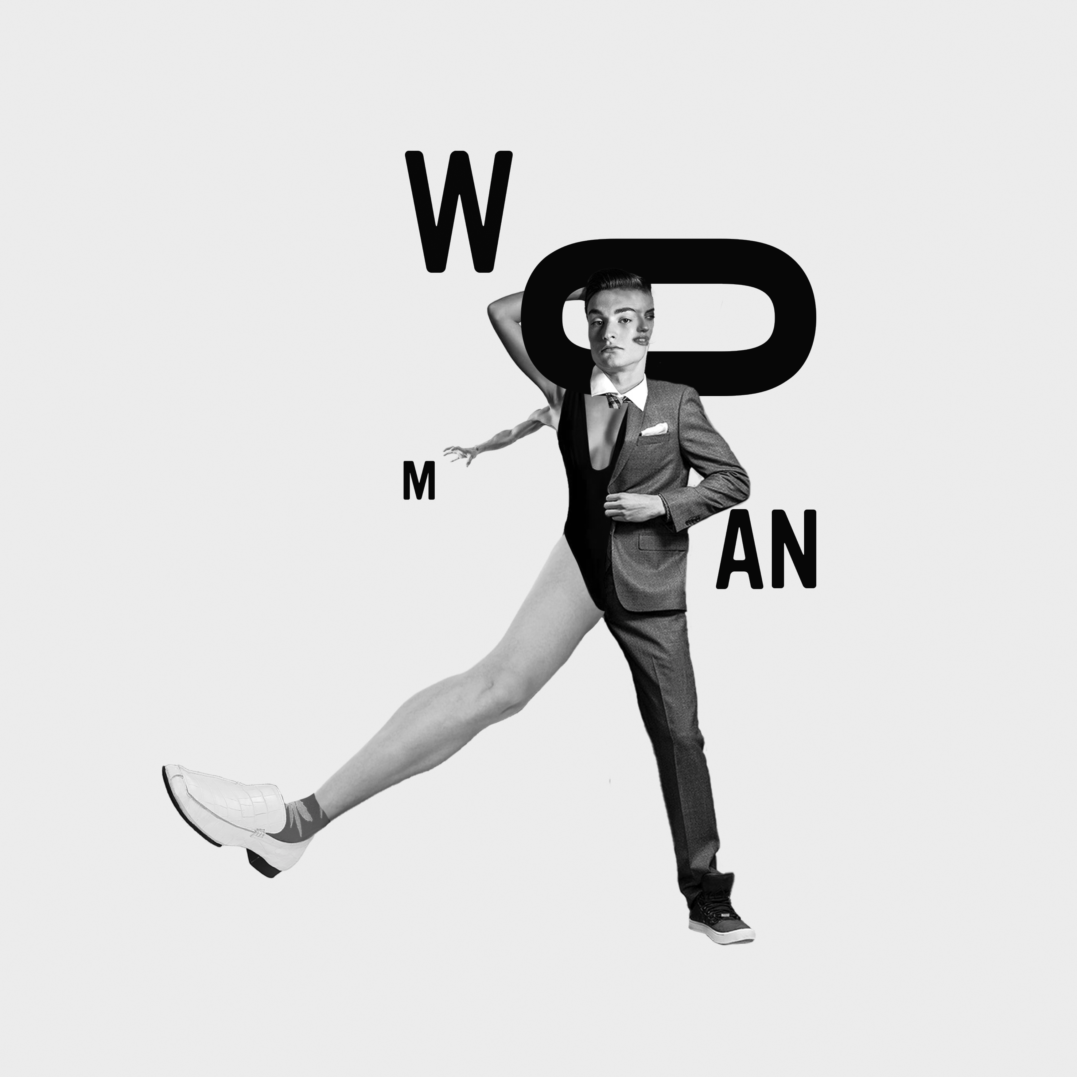 Abstract collage of two people merged together with text: 'Woman', B&W, white background.