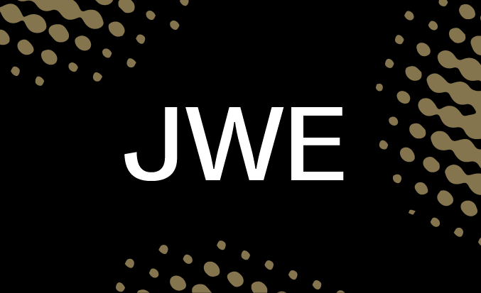 Black tile with pixellated gold accents and the initials JWE in the centre.
