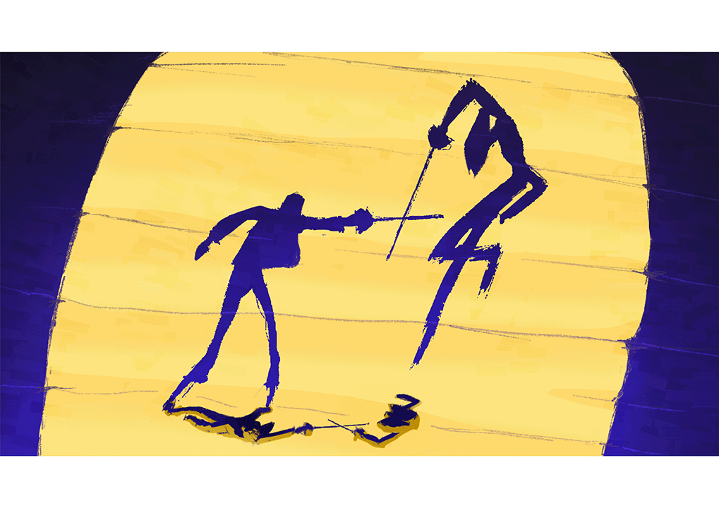 Two dark blue silhouettes engaged in sword combat against bright yellow background with horizontal lines and dark blue borders.