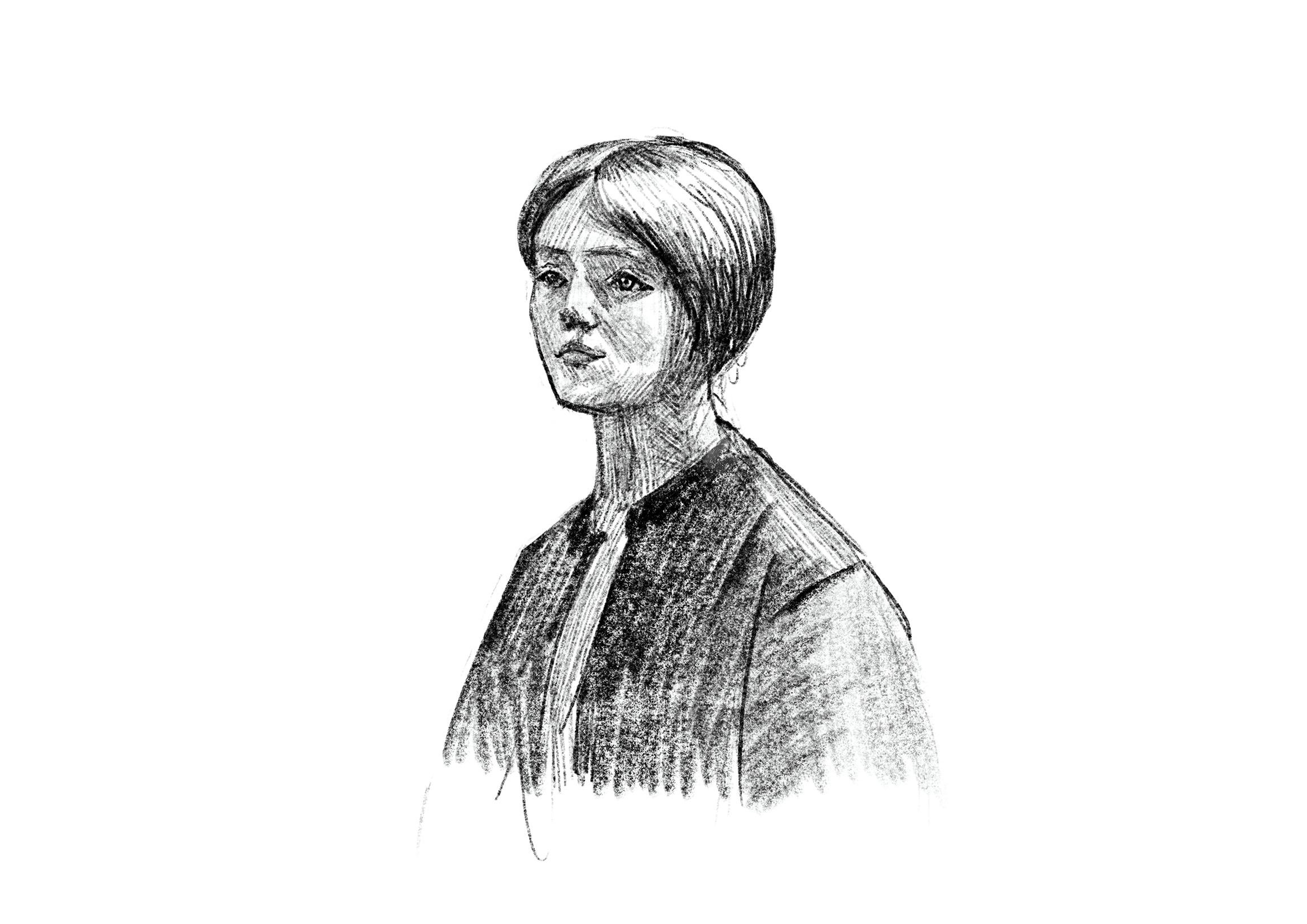 Black and white engraved portrait of woman with short dark hair, wearing dark jacket with light-coloured collar, three-quarter view.