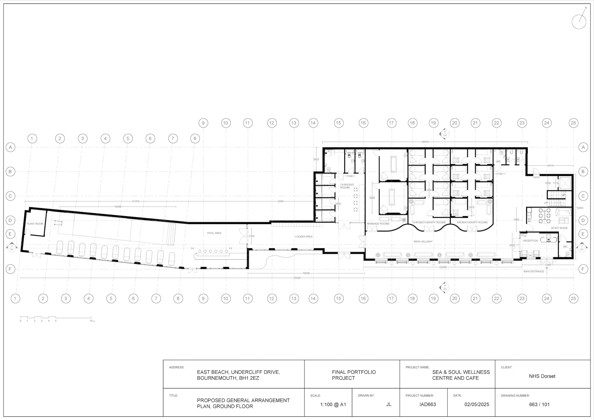 Architectural floor plan showing black line drawings of rooms and spaces on white background with circular grid points.