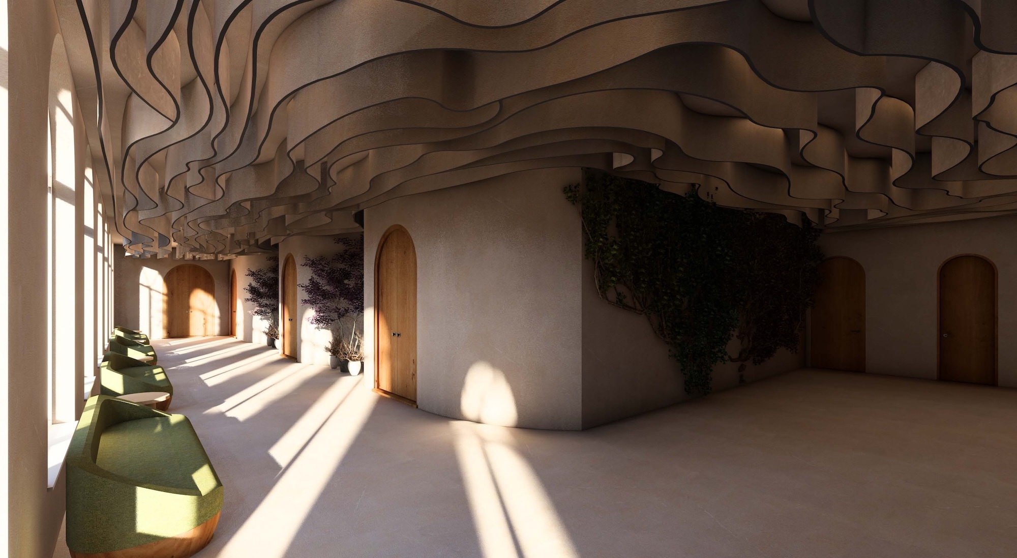 Interior space with curved wooden ceiling installation, white walls, arched openings, and geometric green seating. Natural light creates shadows on floor.