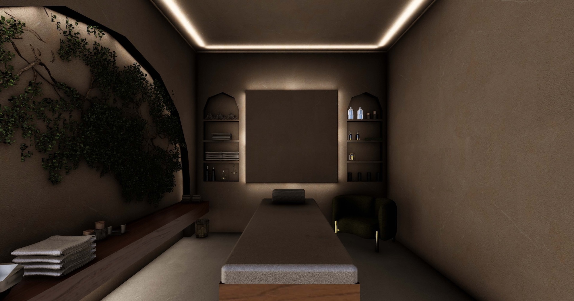 Modern minimalist living room with grey walls, recessed ceiling lighting, built-in shelving, and curved architectural element on left wall.