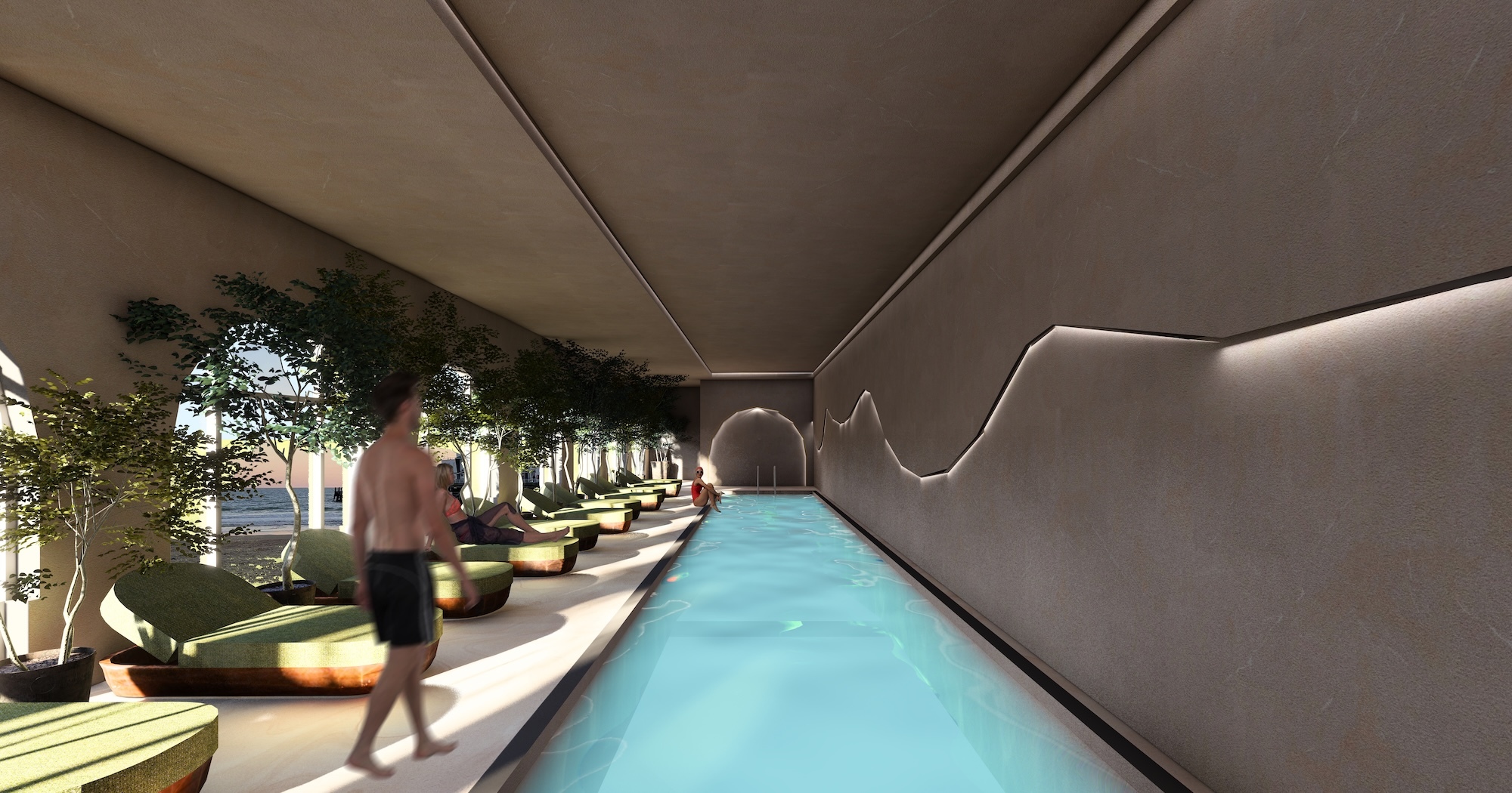 Modern indoor swimming pool with turquoise water, angular white ceiling, green lounge chairs, and trees along windows.