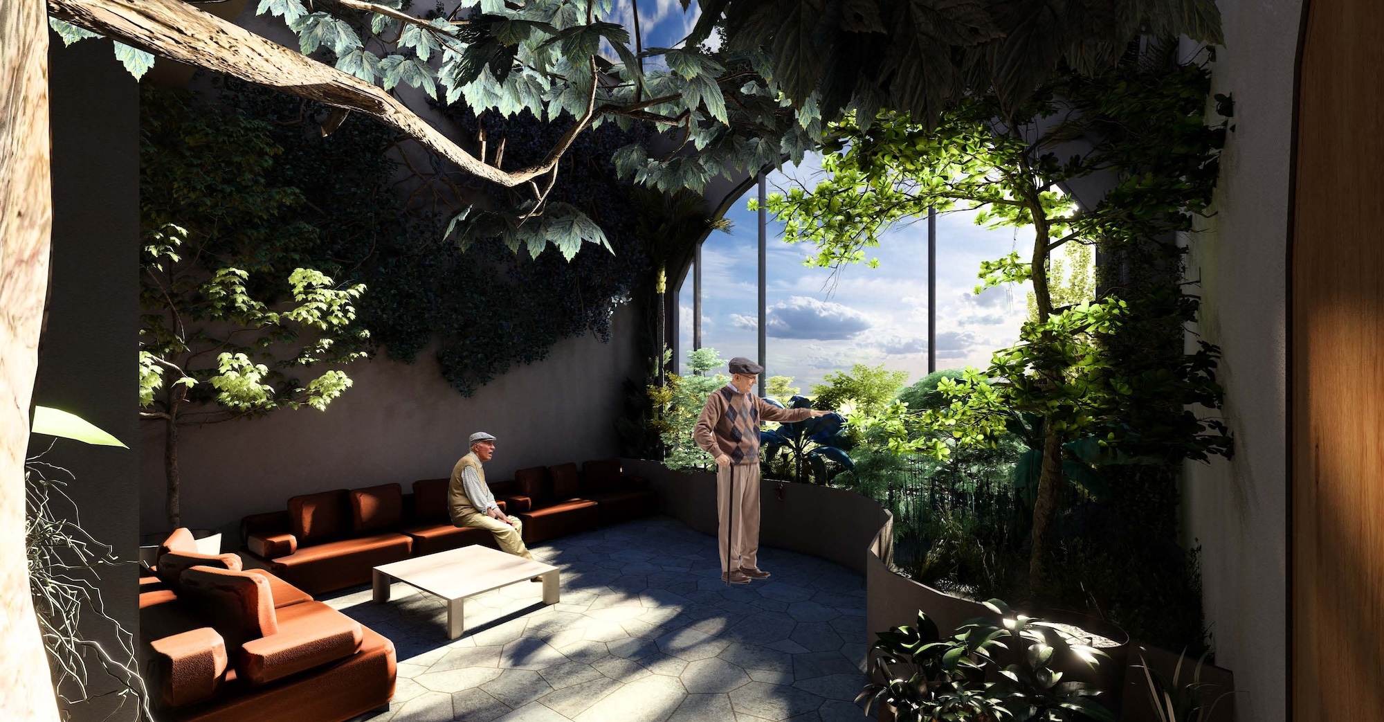 Interior space with orange seating, blue floor, overhead greenery, and large windows showing water view. Two figures present.