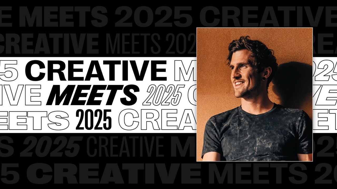 Creative Meets 2025 banner with bold text in black and white, image on the right of Jake Baggaley.