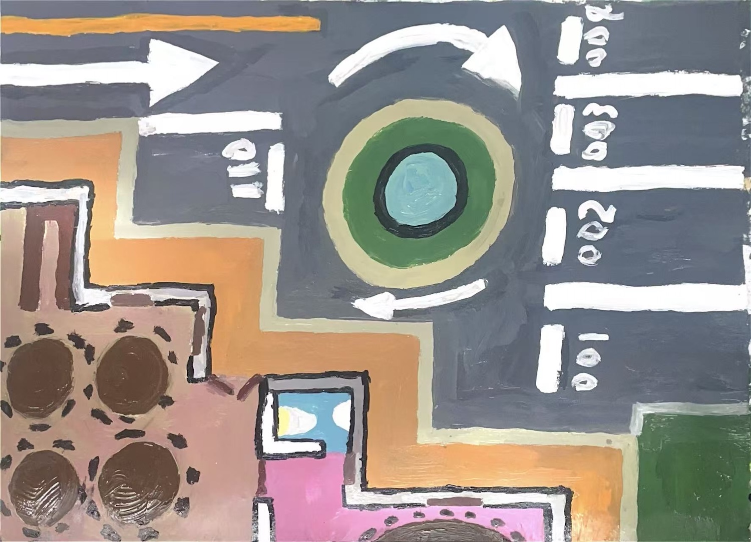 An abstract painting featuring geometric shapes and arrows on a textured background. The composition includes a central circular shape with concentric circles, surrounded by various blocks of colour, including brown, pink, and grey, with white lines indicating directional flow.