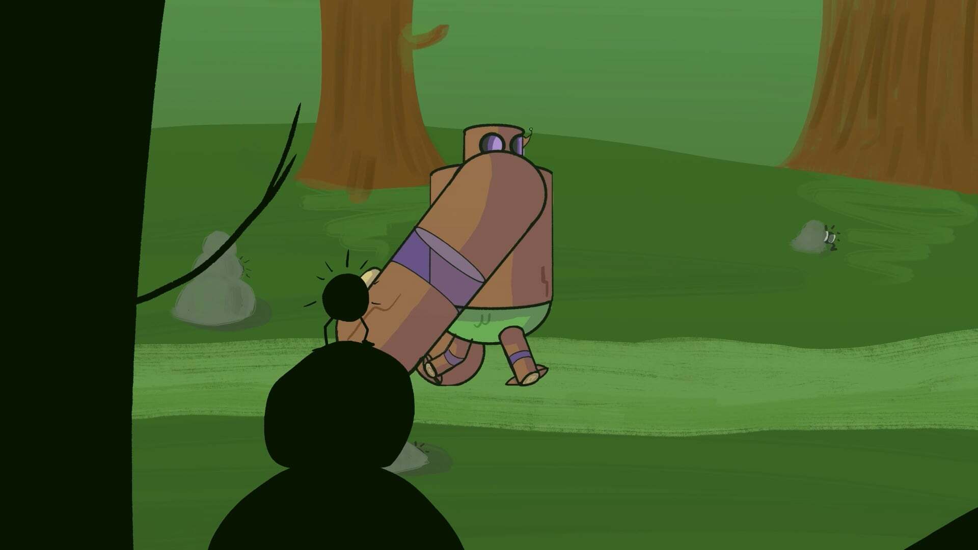 Cartoon hippo character in purple outfit swinging on rope between brown tree trunks, green forest background, dark silhouette in foreground.