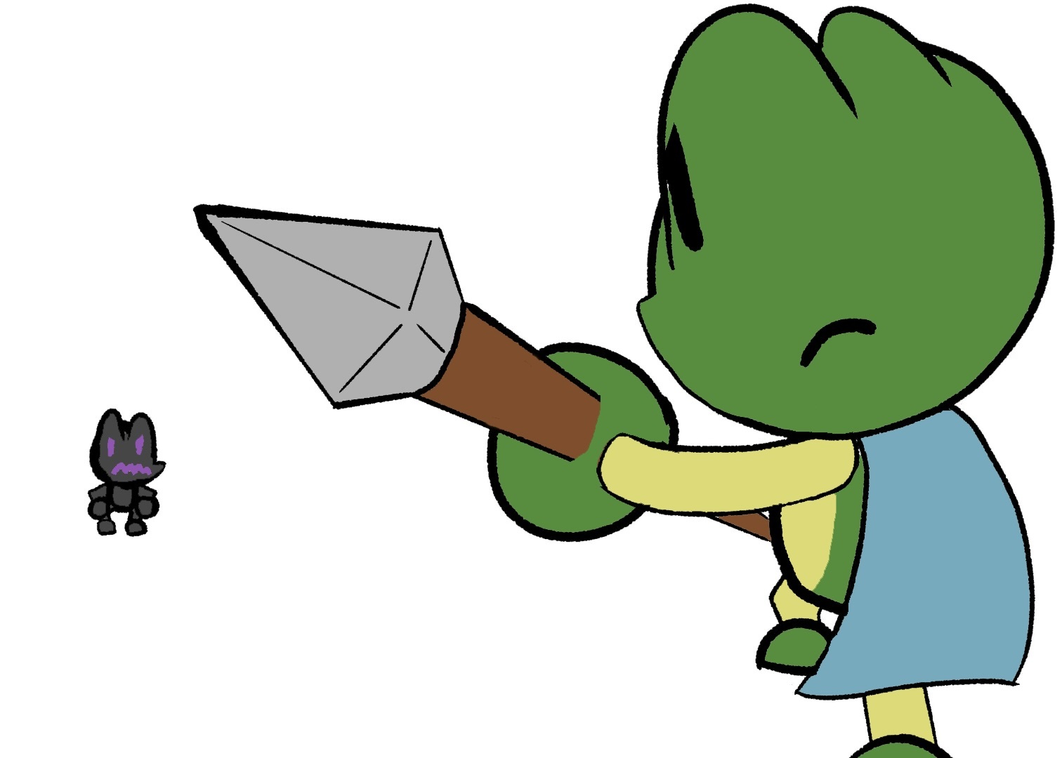 Green cartoon character with yellow shirt and blue cape holding grey paper aeroplane, small purple character in background.