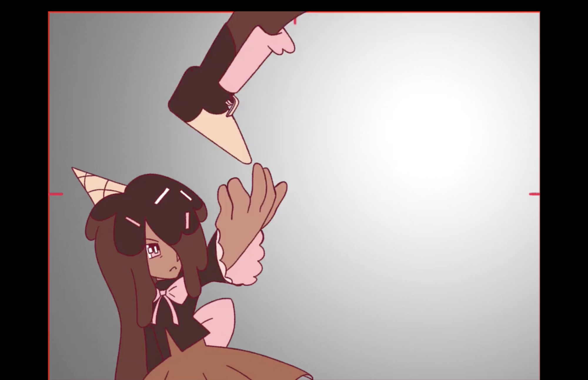 A character dressed in brown and pink with a cone-shaped hat reaches for a bazooka that matches their costume.