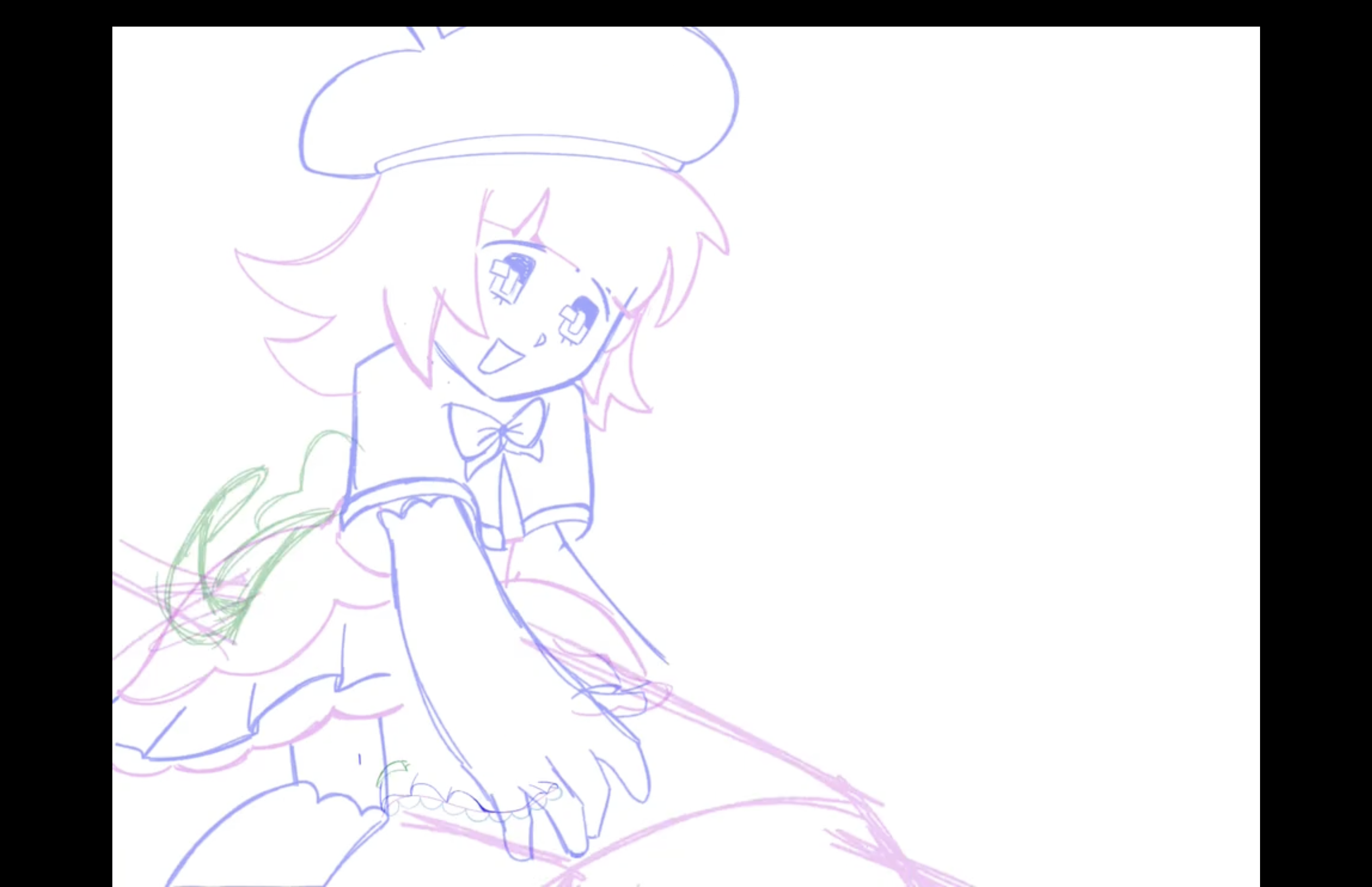 Animated still of a character drawn in an anime style smiling as they fly on an unknown object.