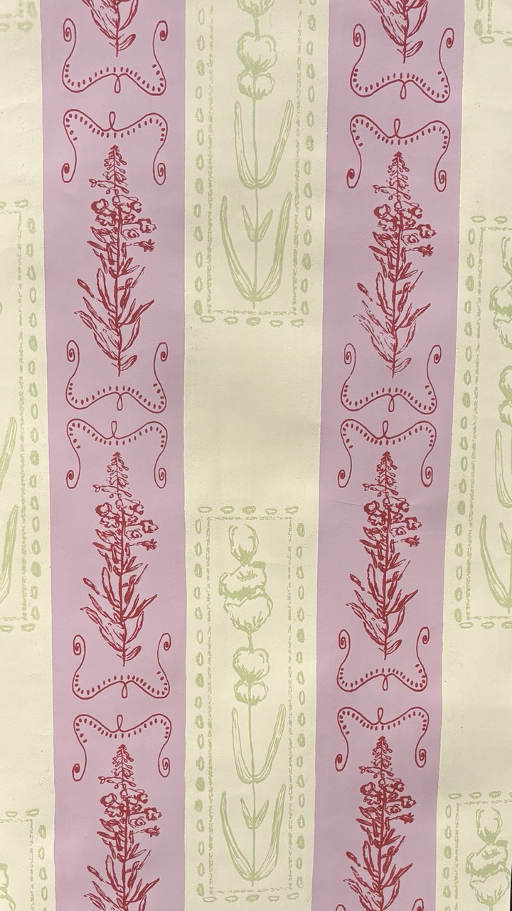 A patterned fabric with vertical stripes, featuring red floral illustrations on a pink background, alternating with light green botanical designs on a cream background. The floral motifs are outlined with decorative accents.