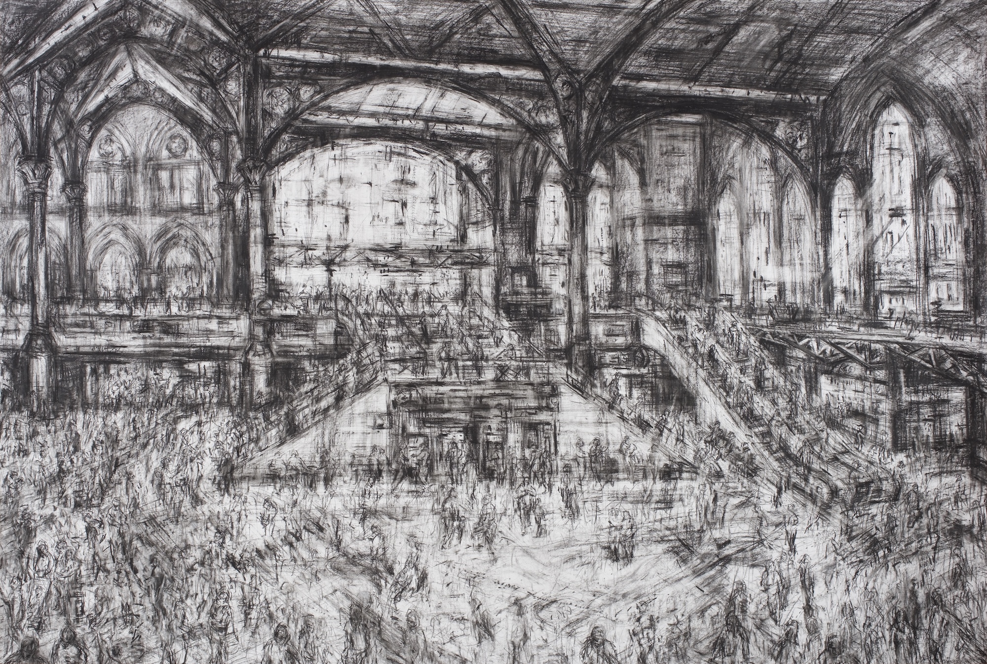 A charcoal sketch depicts the interior of a large Gothic hall with arched windows, vaulted beams and a central raised platform, surrounded by a crowd of figures below.