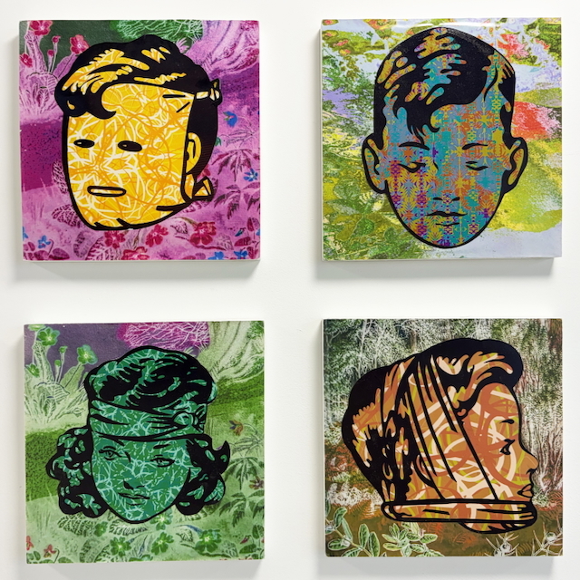 Four colourful pop art portraits with bold outlines: yellow face on pink, blue/green face on multicoloured, green face on green, orange face on brown.