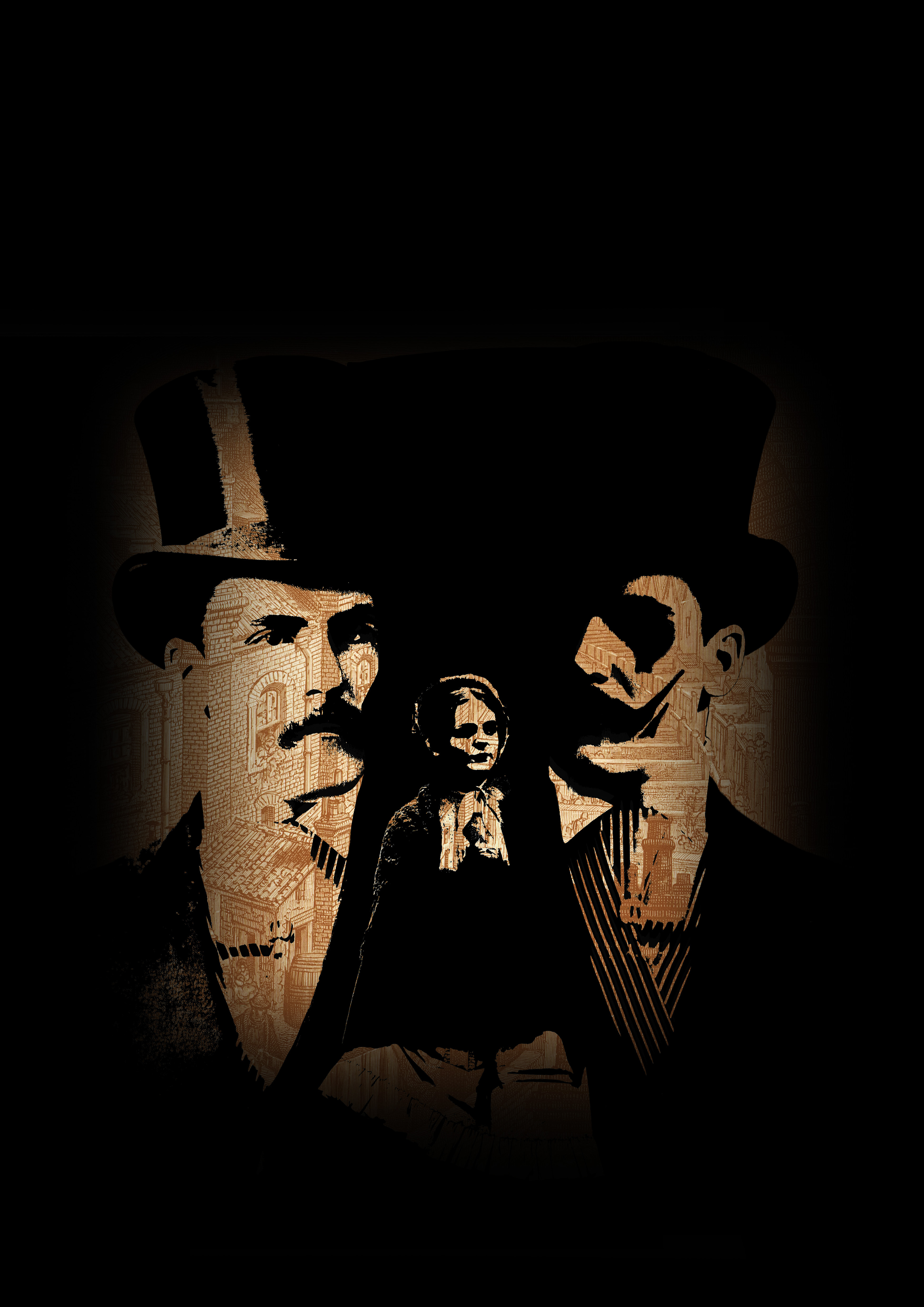 Dark illustration with three figures, two in top hats. Central black silhouette flanked by two brown/tan figures. Vertical composition on black background.