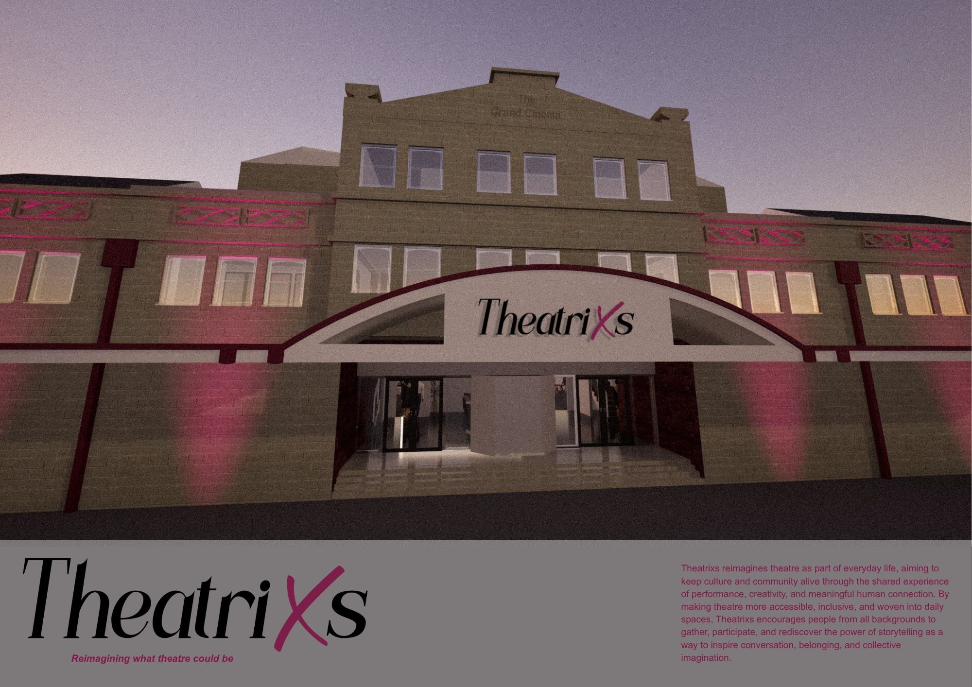 An architectural rendering of a theatre building named 'TheatriXs', featuring a modern entrance with a curved awning. The facade has large windows and contemporary design elements, illuminated by pink lighting against a warm-toned exterior.