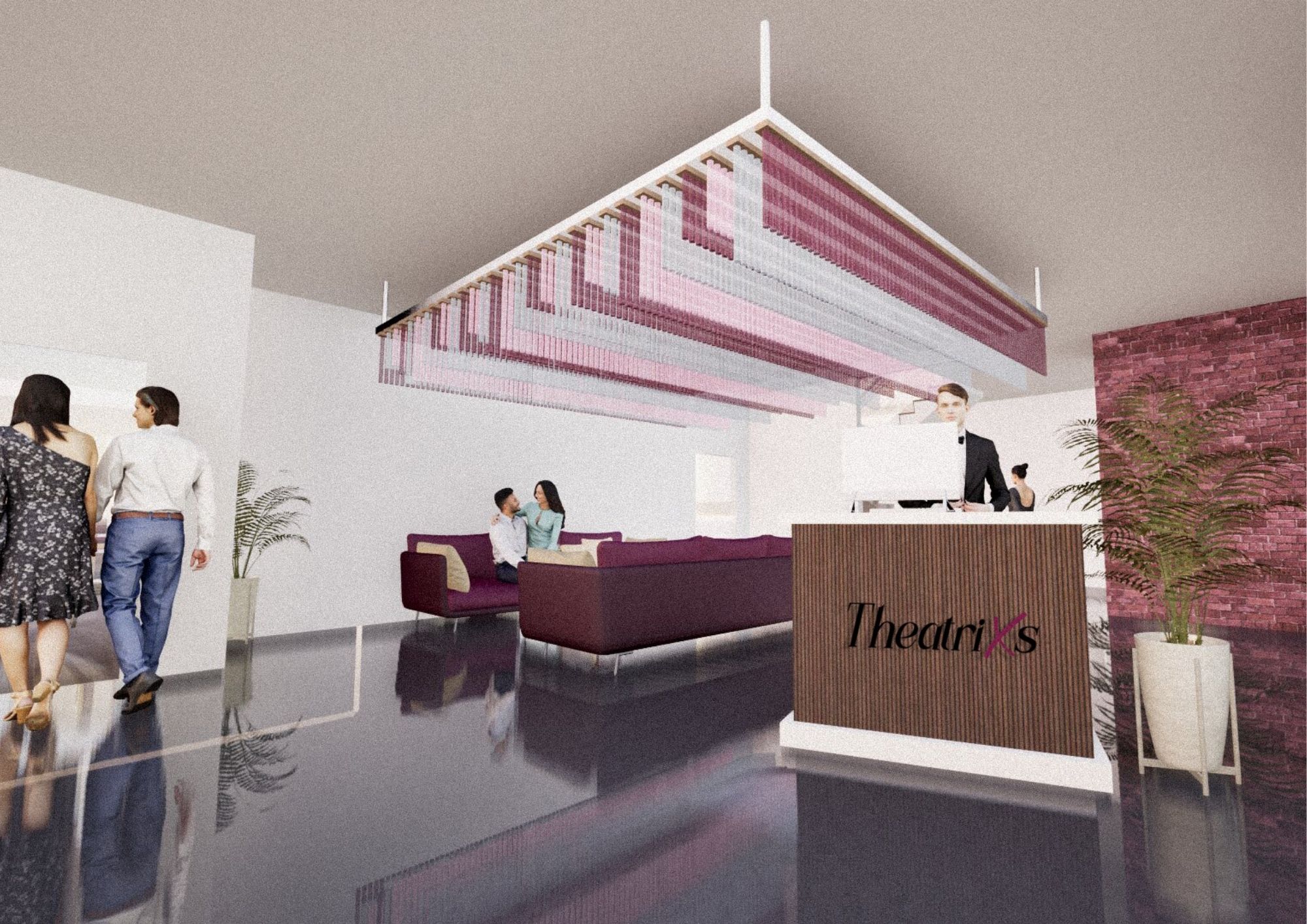 A modern reception area featuring a large purple and white hanging installation above the reception desk. Two people are chatting on a purple sofa, while three others walk toward the reception. The glossy floor reflects the design elements.