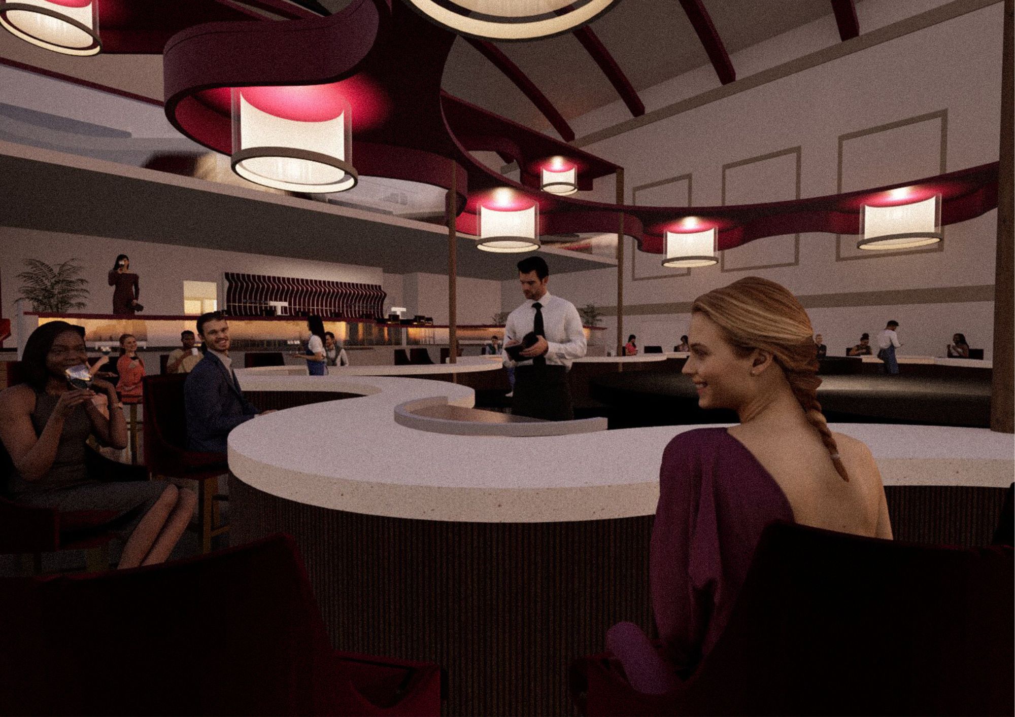 An upscale bar interior featuring a curved white countertop, red and beige decor, and pendant lights hanging from a high ceiling. Patrons are seated at the bar and nearby tables while a bartender in a white shirt attends to a customer.