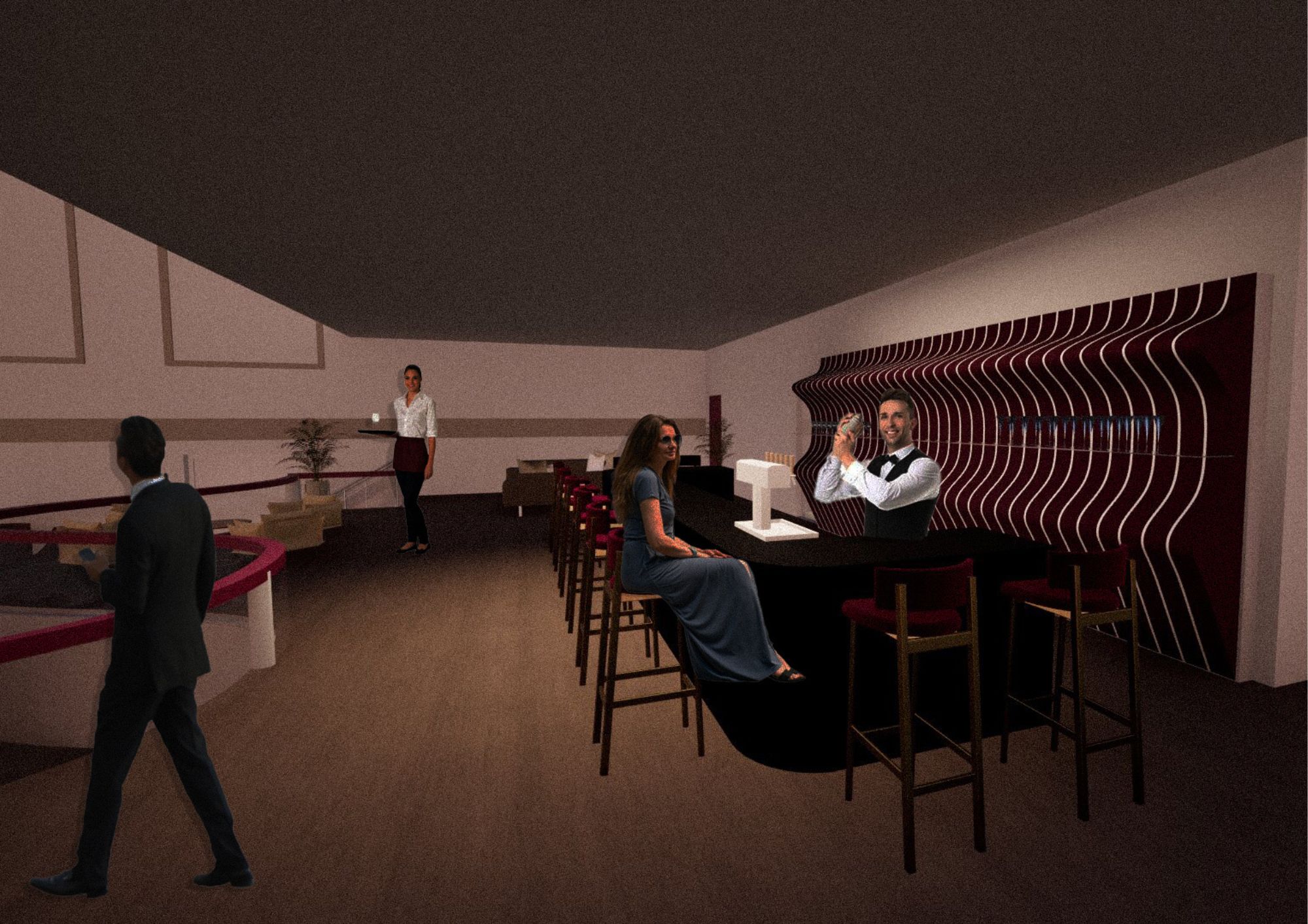 An interior view of a bar area featuring a curved counter with a wavy design. Two people sit on high stools at the bar, while a man walks past in formal attire. A staff member serves drinks in the background, and the space has wooden flooring.