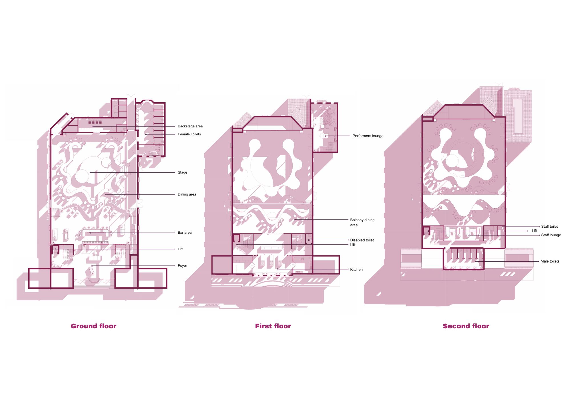 A diagram showing the layout of a building across three floors: ground, first, and second. Each floor's plan is outlined with labelled rooms and spaces, depicted in a simple, clear style with pink accents.