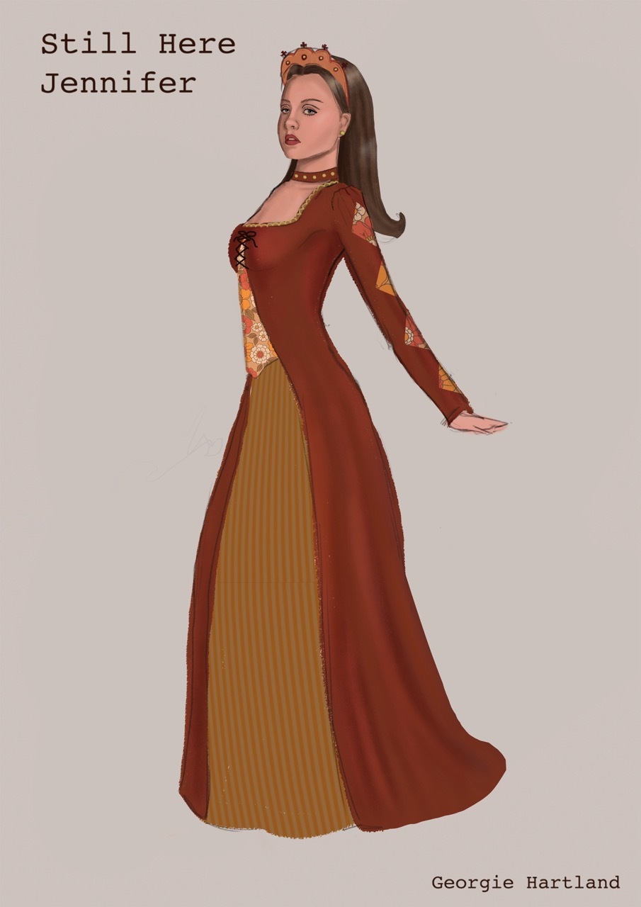 Illustrated costume design for Jennifer from Still Here, a brown and red floral medieval robe.