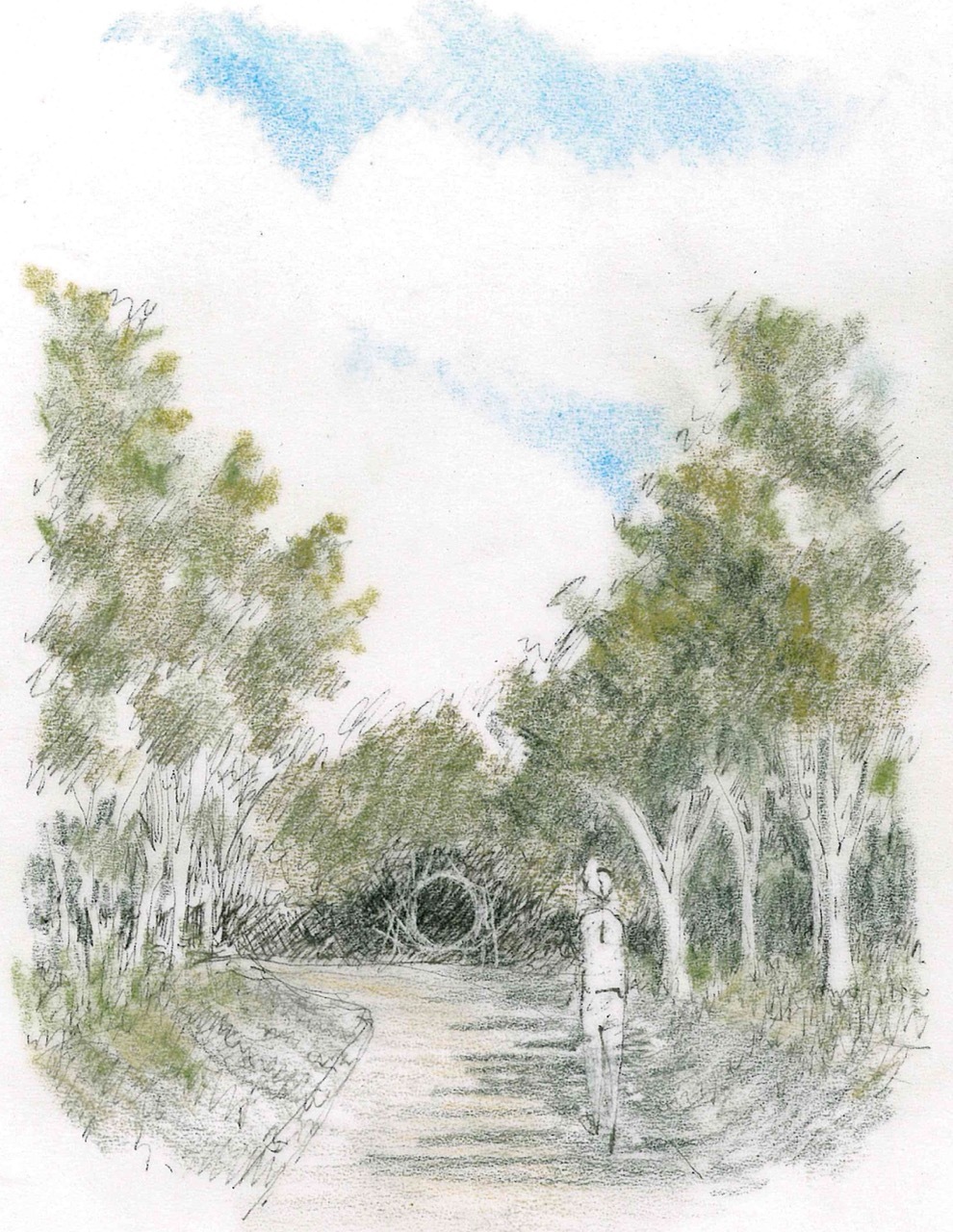 Watercolour sketch showing white figure on path between green trees, blue sky patches above, loose brushstrokes throughout composition.