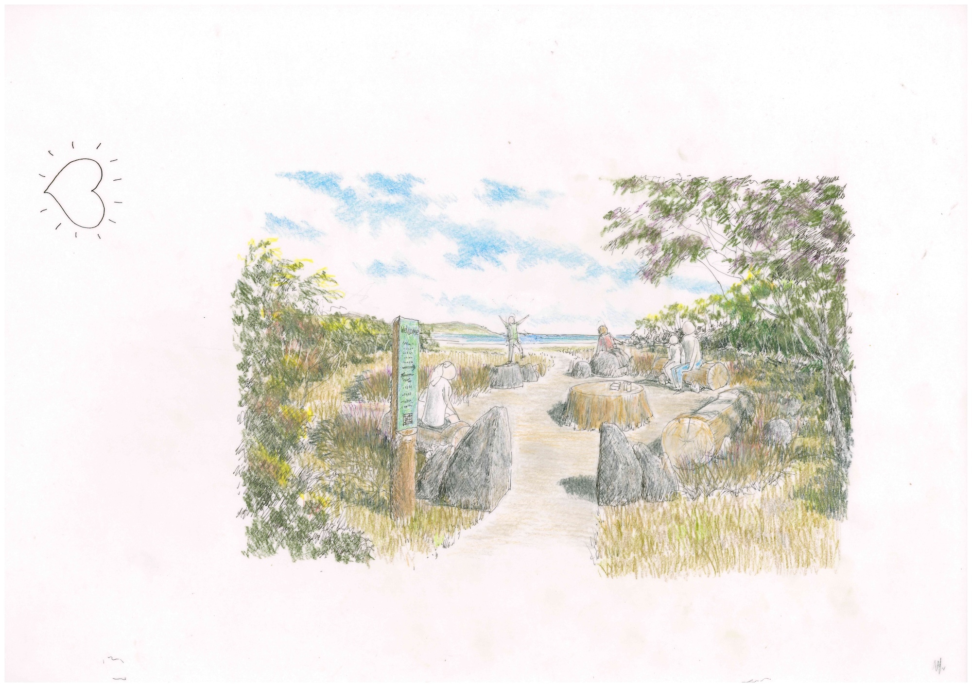 Sketch illustration of people sat around a rock circle in a nature area by the sea, small sideways heart to the left of the drawing.