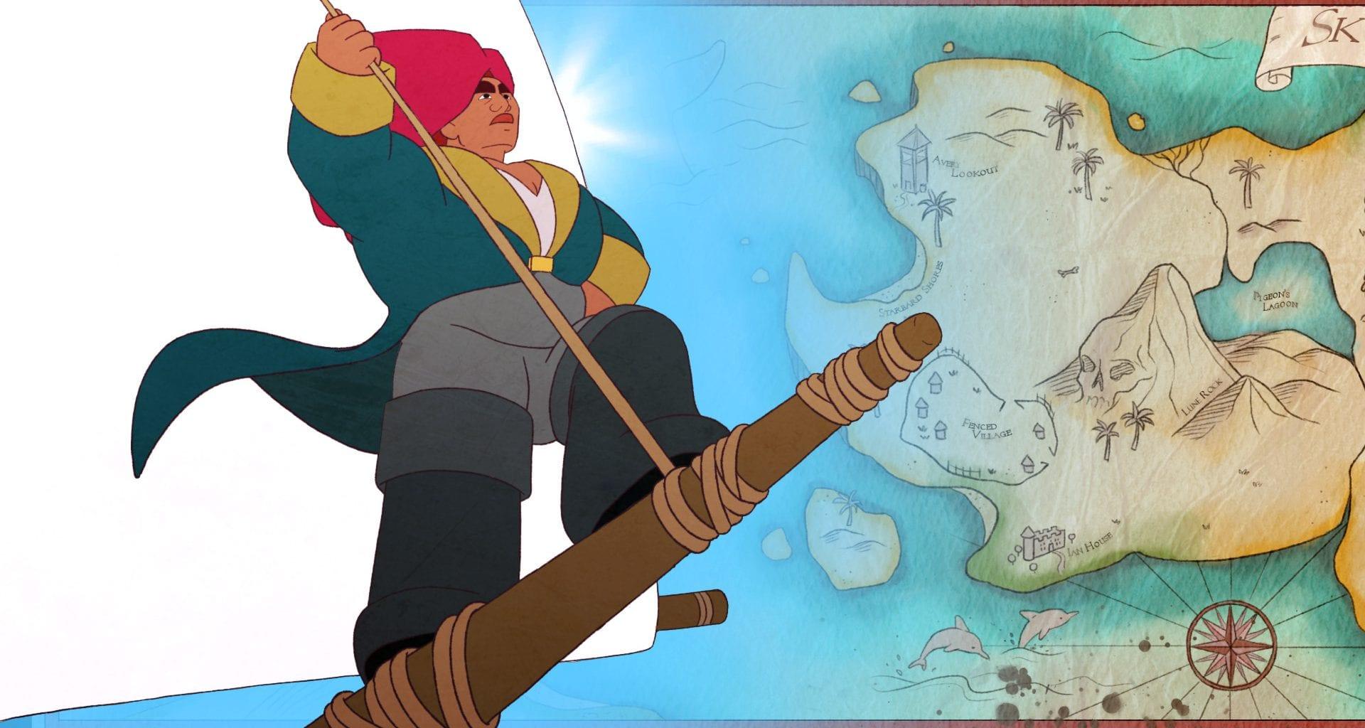 Animated character standing on the prow of a ship pulling a rope tight with a sail behind them. A map appears on the right-hand side.