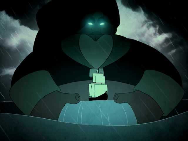A giant animated character with glowing eyes holds a chunk of water with a ship sailing on it in their hands.
