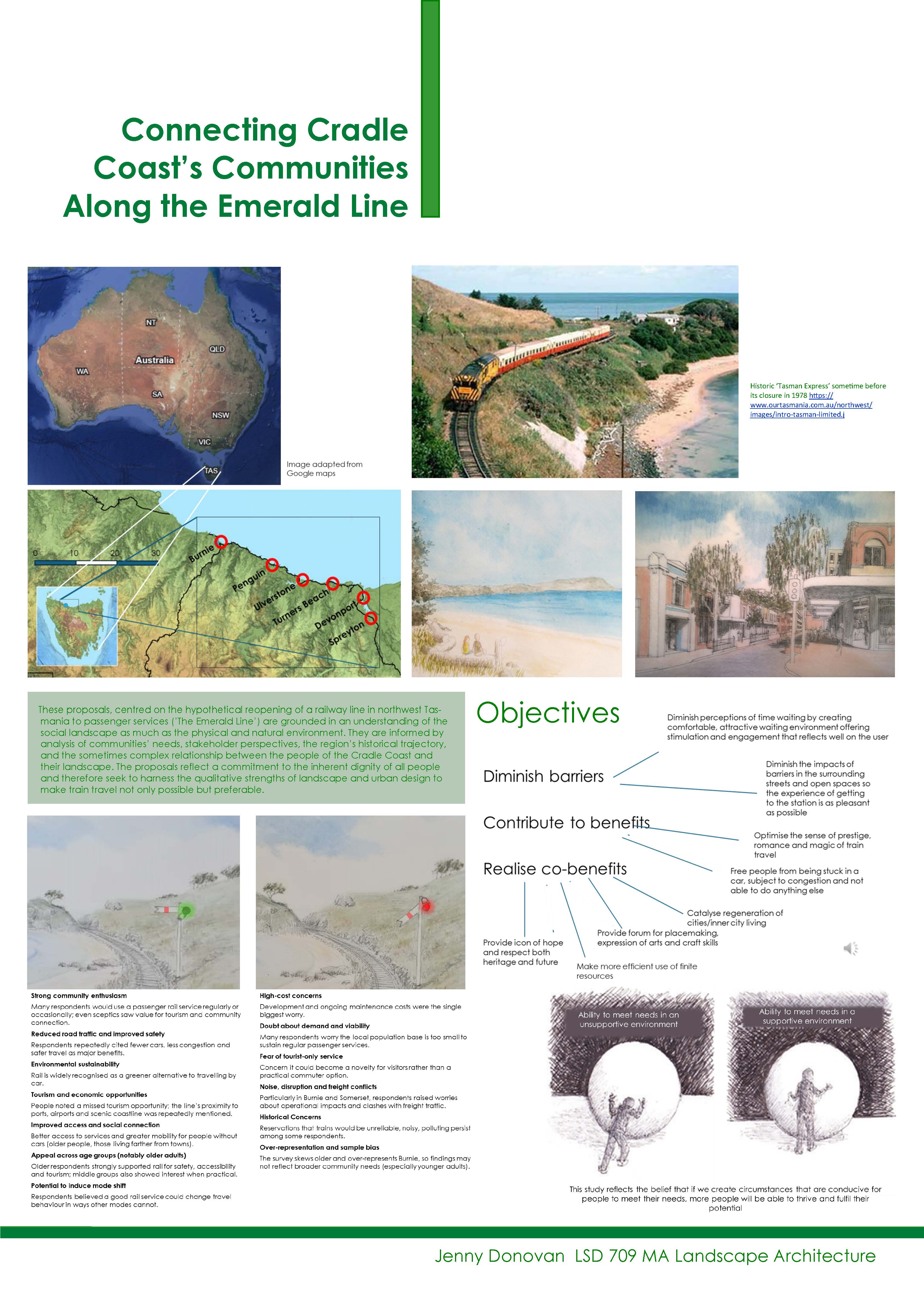 A poster titled ‘Connecting Cradle Coast’s Communities Along the Emerald Line’ showing maps, railway landscape photos, an objectives diagram and project text laid out on a white background.