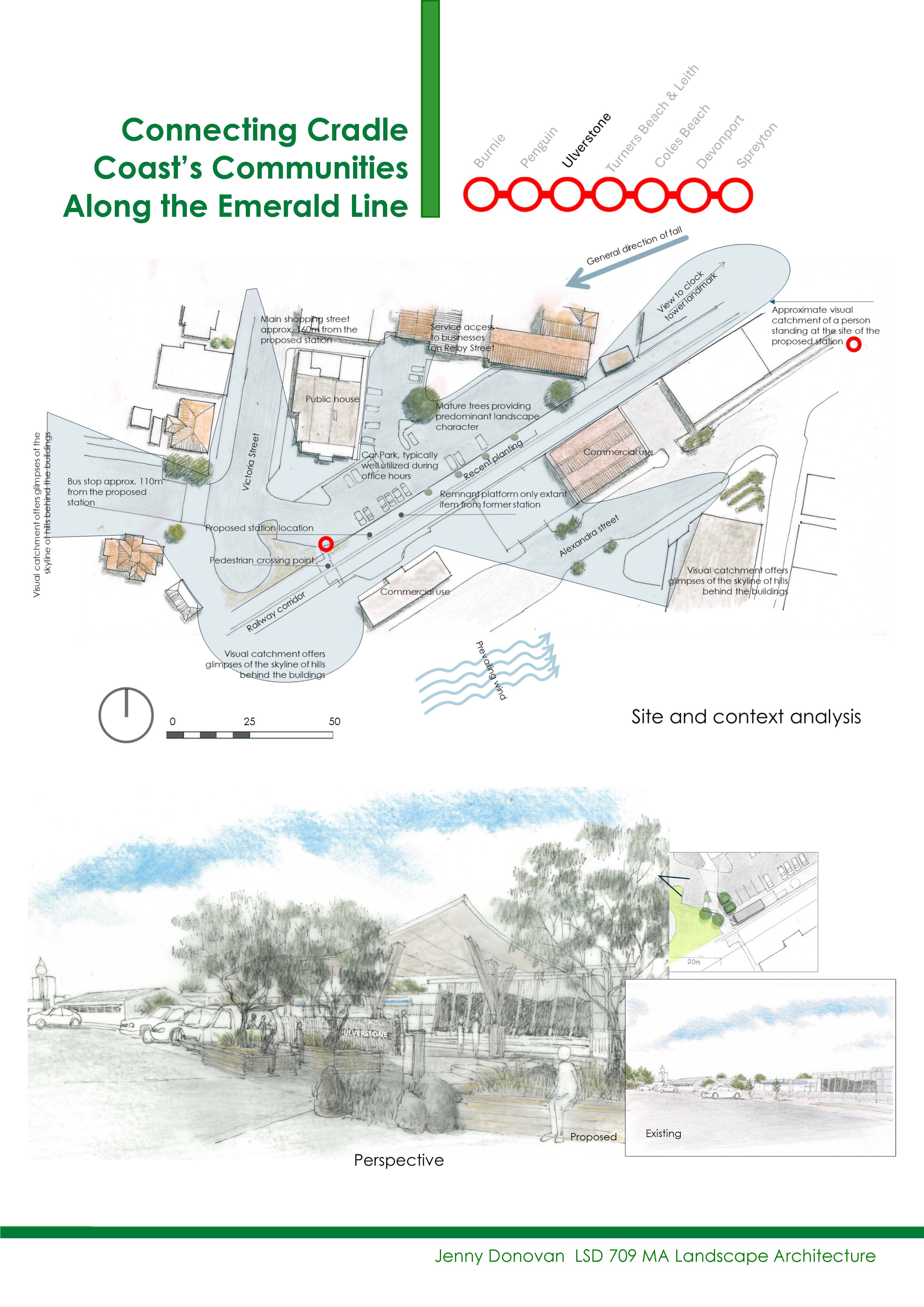 Site analysis and perspective diagram for Connecting Cradle Coast’s Communities Along the Emerald Line, showing an illustrated coastal plan with labels, trees and buildings, plus a waterfront perspective sketch below.