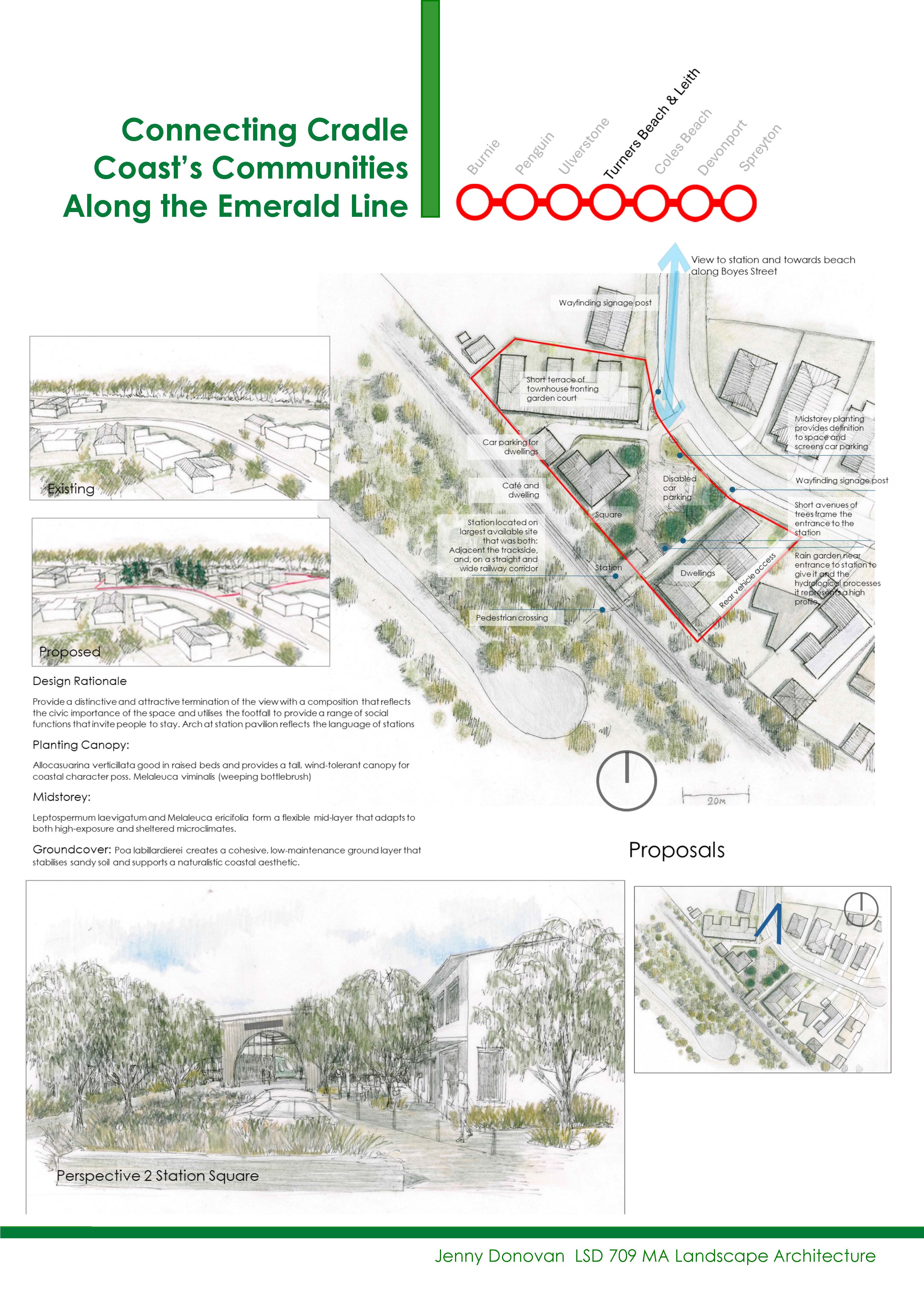 An architectural presentation board titled “Connecting Cradle Coast’s Communities Along The Emerald Line”, with site plan sketches, proposal diagrams and a landscape perspective drawing.