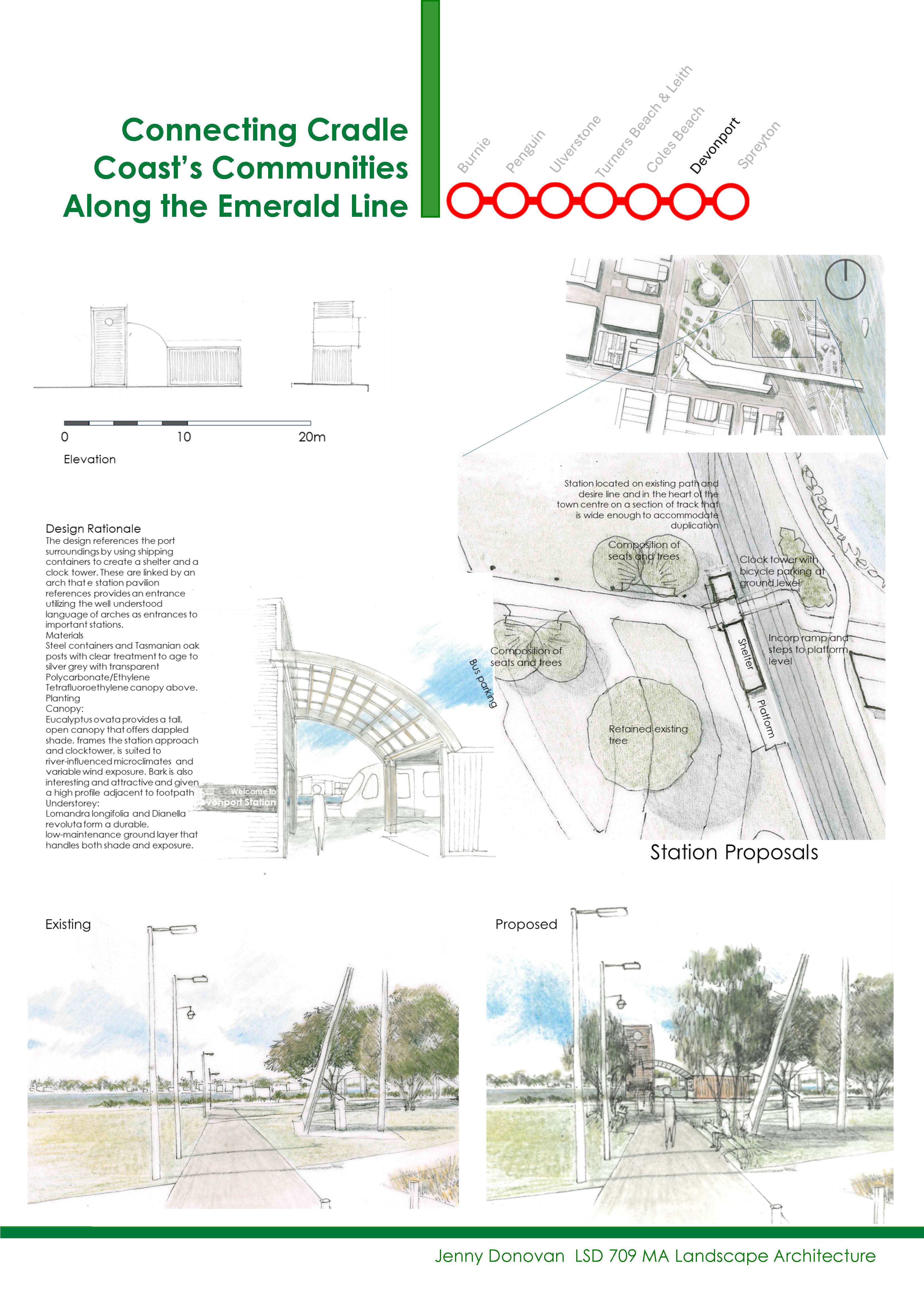 An architectural presentation board for the Emerald Line shows station proposals, site plans, elevations and landscape sketches for Cradle Coast communities.