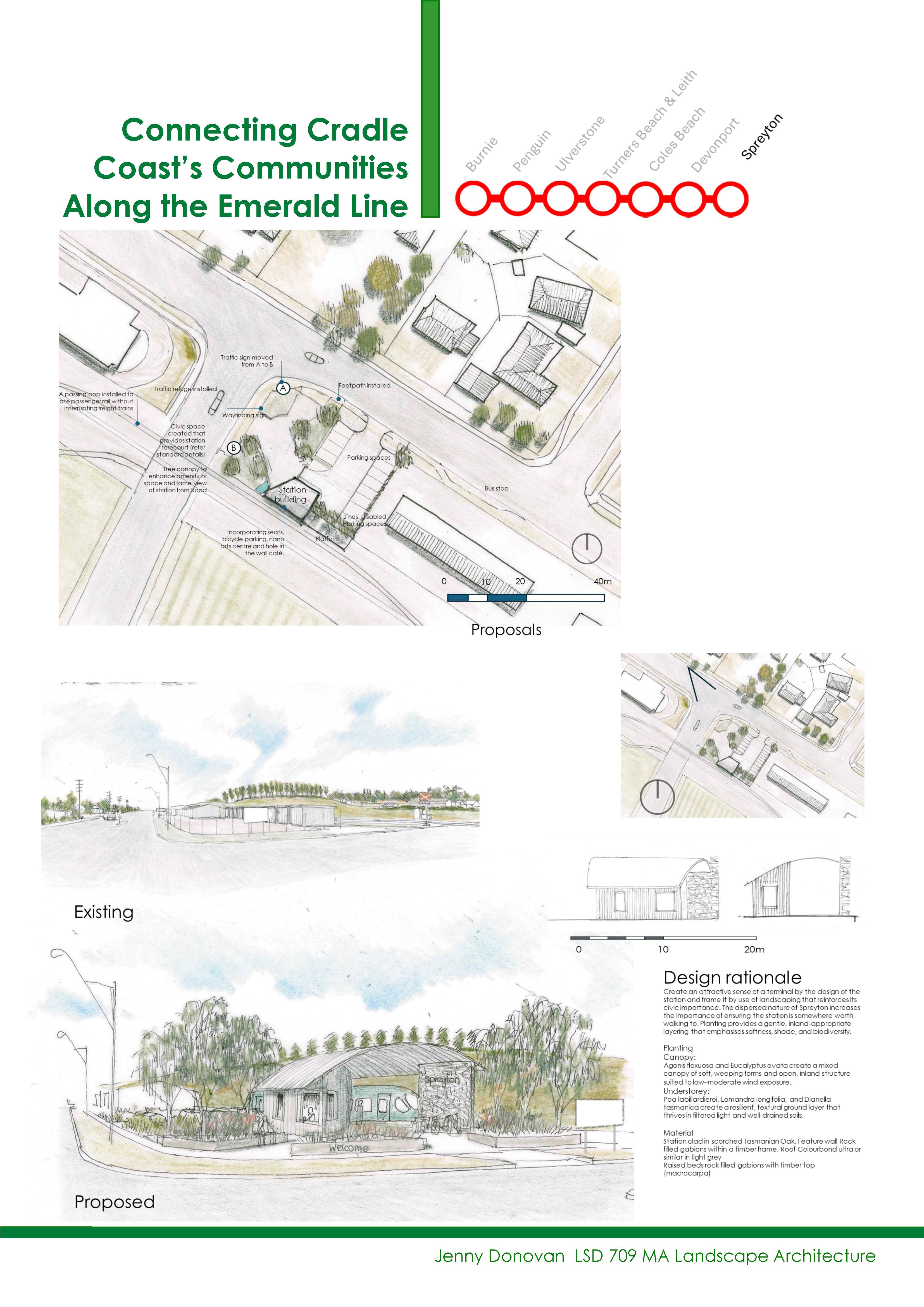 A concept board for Connecting Cradle Coast’s Communities Along the Emerald Line, showing site plan drawings, proposed and existing landscape sketches, and a design rationale text block on a white background.