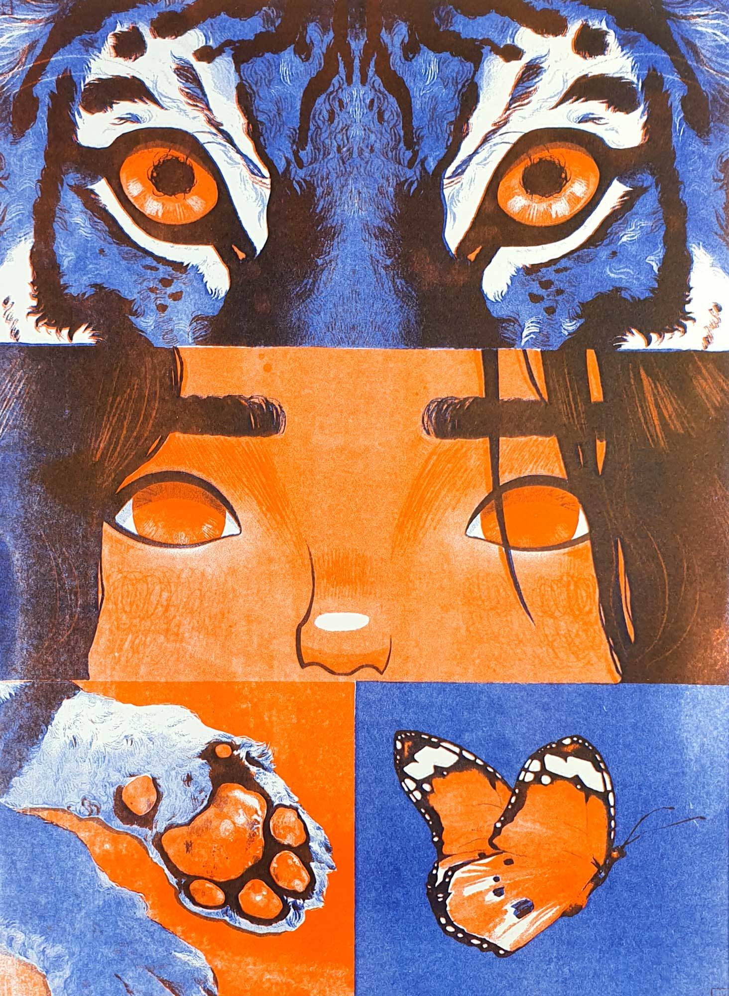 Three panels, top featuring eyes of a tiger, the middle eyes of a human and the last bottom panels show a paw and a butterfly