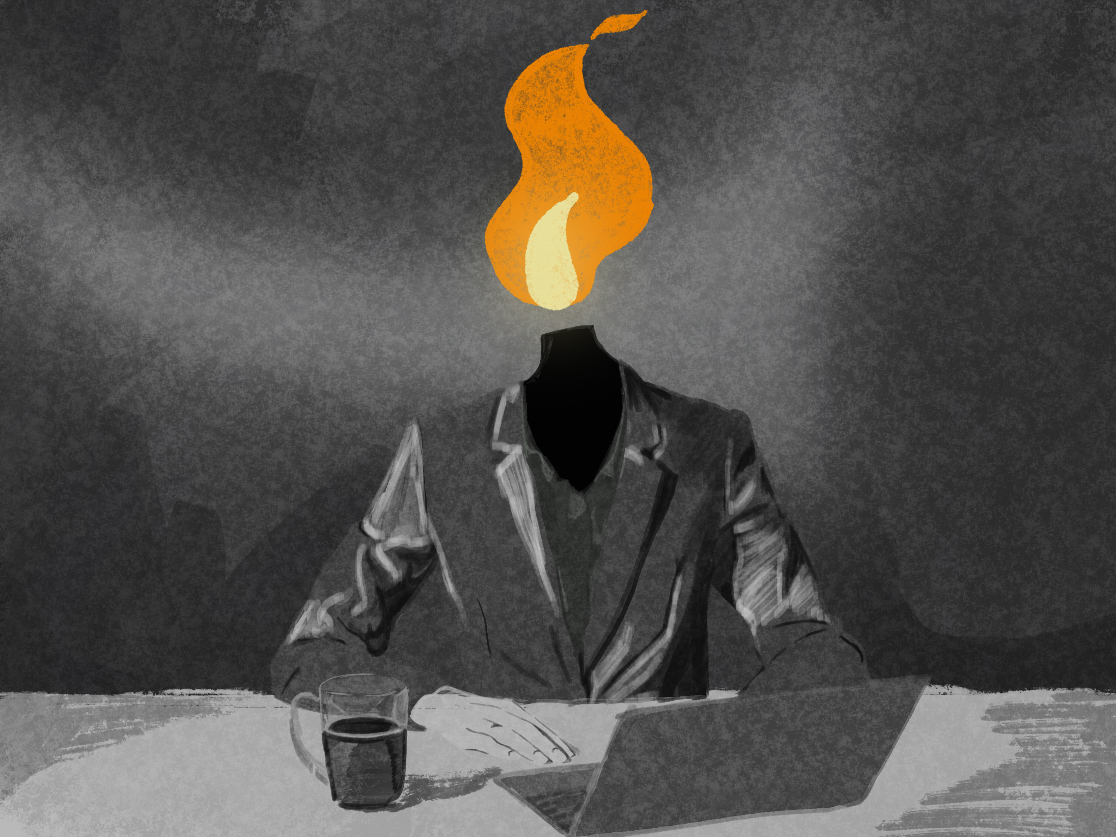 Black and white illustration of suited figure at desk with orange flame replacing head, coffee mug visible on table surface.