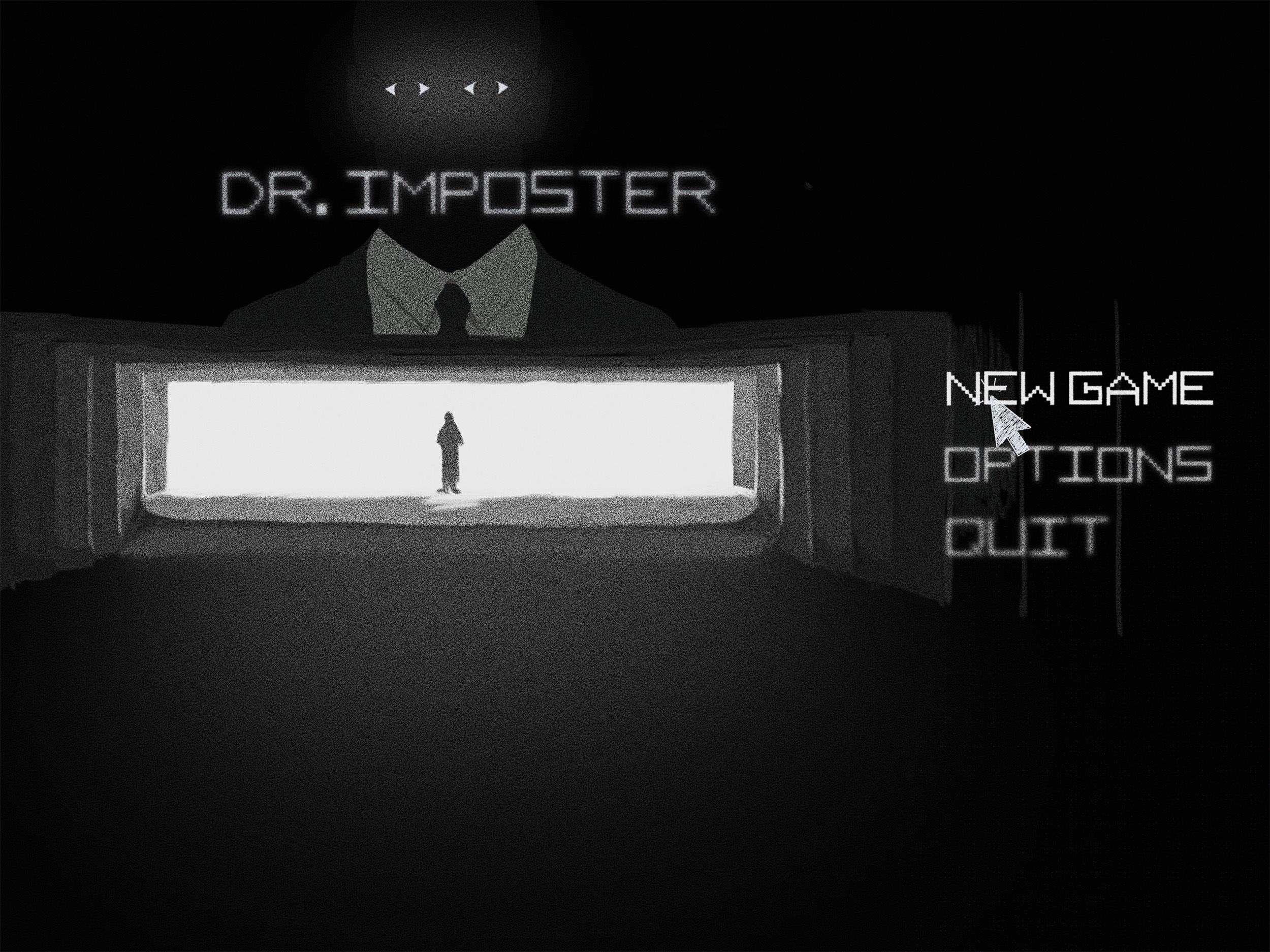 Black and white game menu screen with "DR. IMPOSTER" title, silhouette figure in white rectangular window, menu options on right