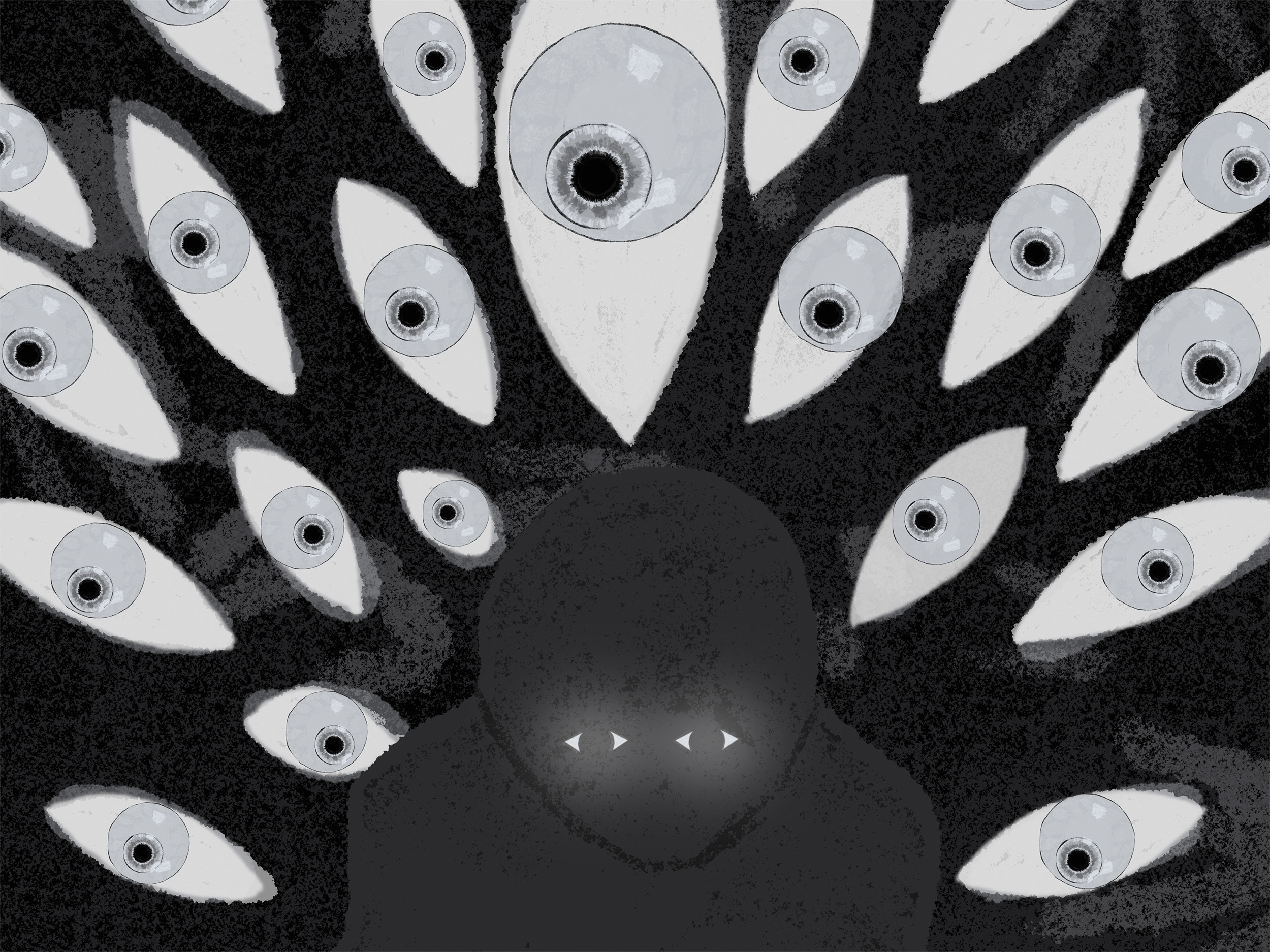Dark figure with glowing triangular markings surrounded by radiating white eye shapes with black pupils on black background.
