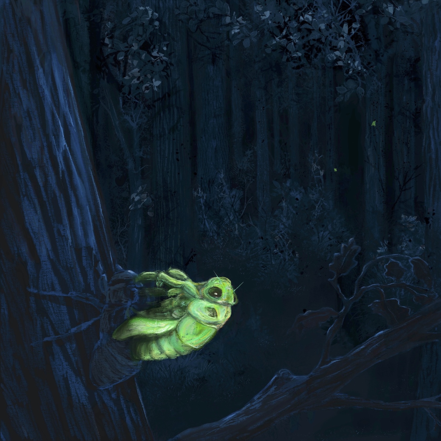 Illustration of a green insect emerging from a shadowed version of itself, resting on a tree in a forest.