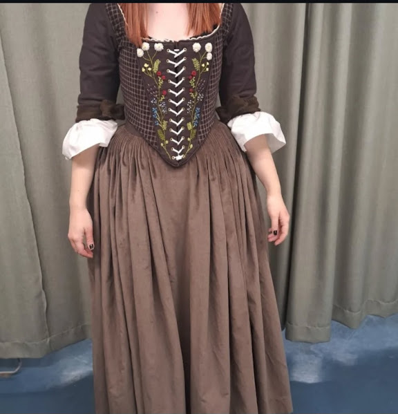 Front view of my French revolution costume. This included a cartridge pleated skirt and a hand embroidered front closing bodice.
