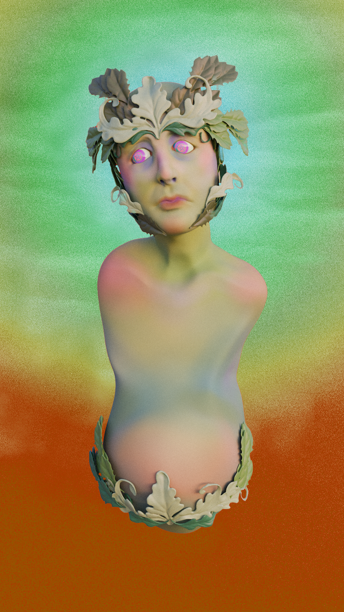 3D design work of a limbless, abstract figure with a headpiece, green and orange background.