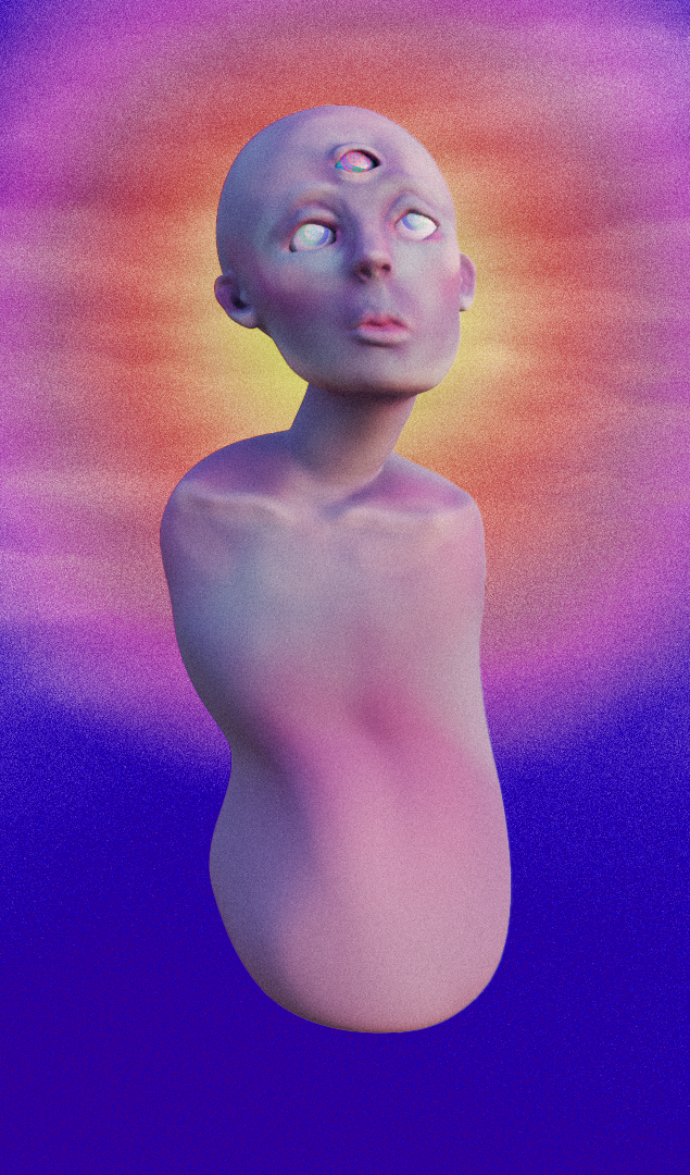 3D design work of a limbless, abstract figure with a third eye, pink and blue background.