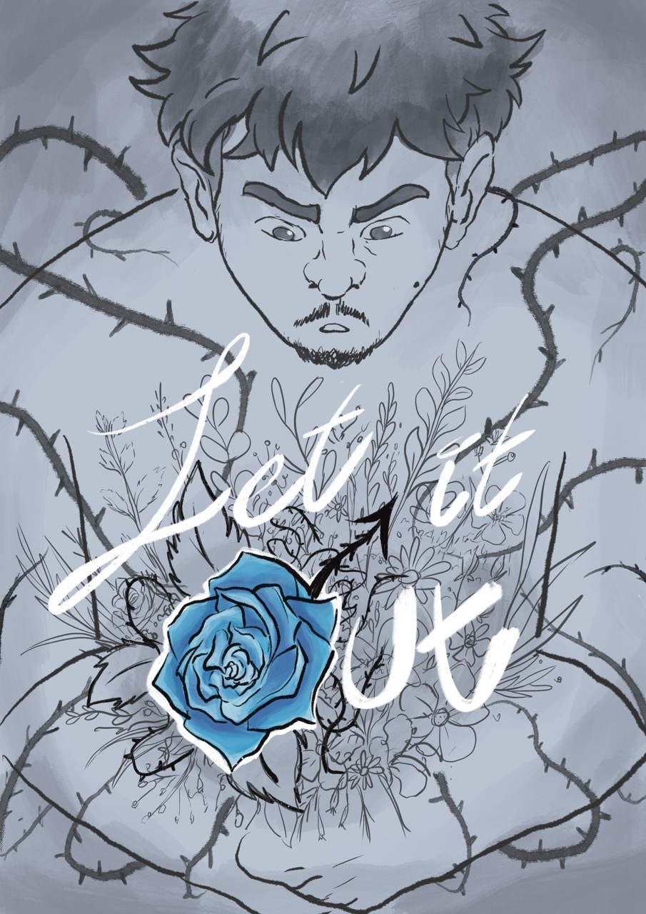Illustration of a man's face in grey tones surrounded by thorny vines, with a single blue rose and white cursive text overlay.