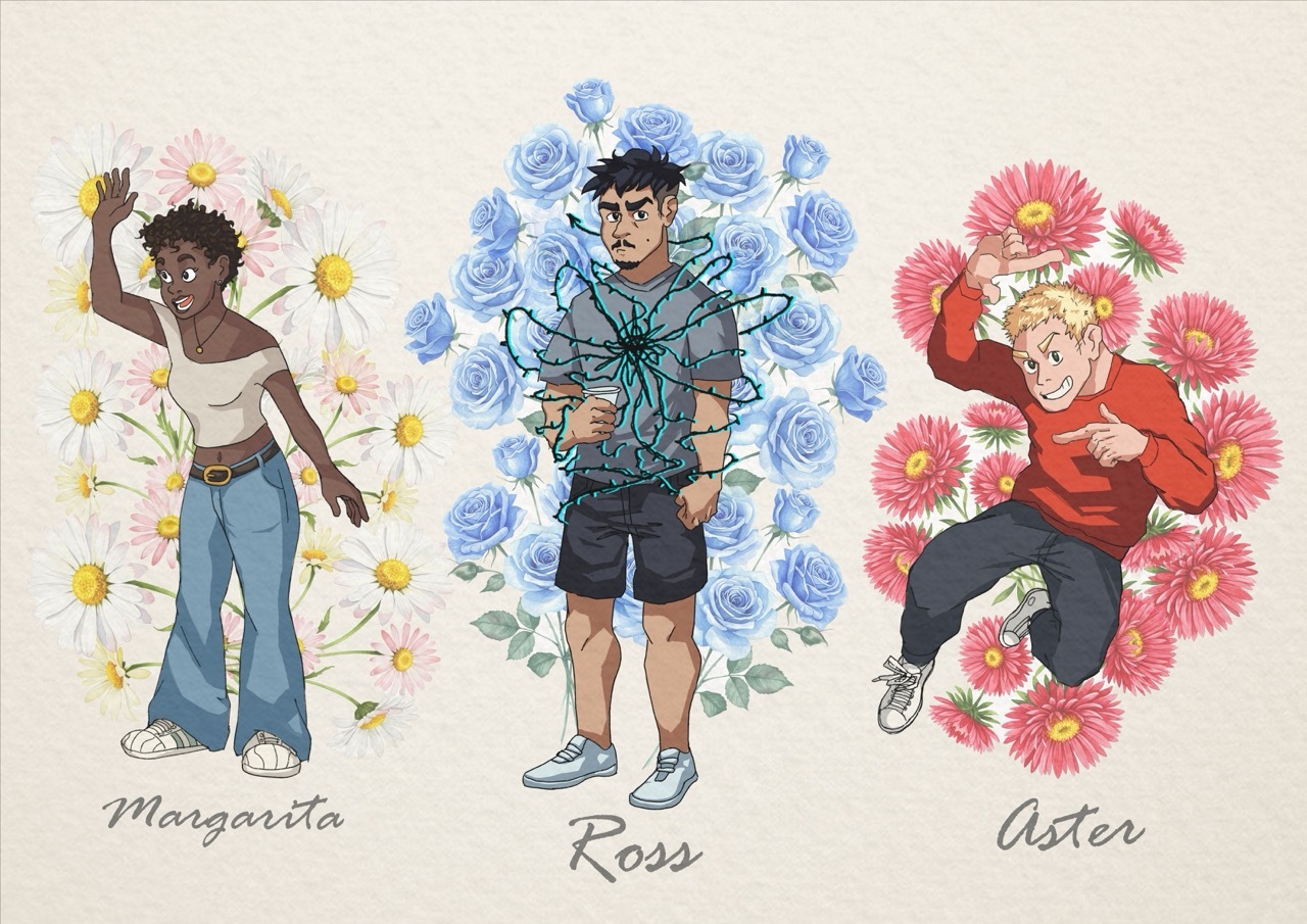 Three illustrated characters surrounded by flowers: left figure with white daisies, centre with blue roses, right with pink blooms.