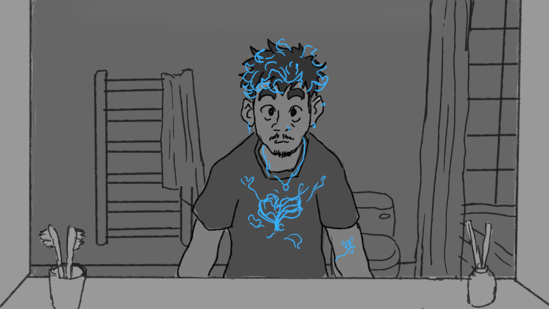 Digital illustration of person with blue hair and shirt standing in grey bathroom with mirror, toilet, and toothbrush holders.