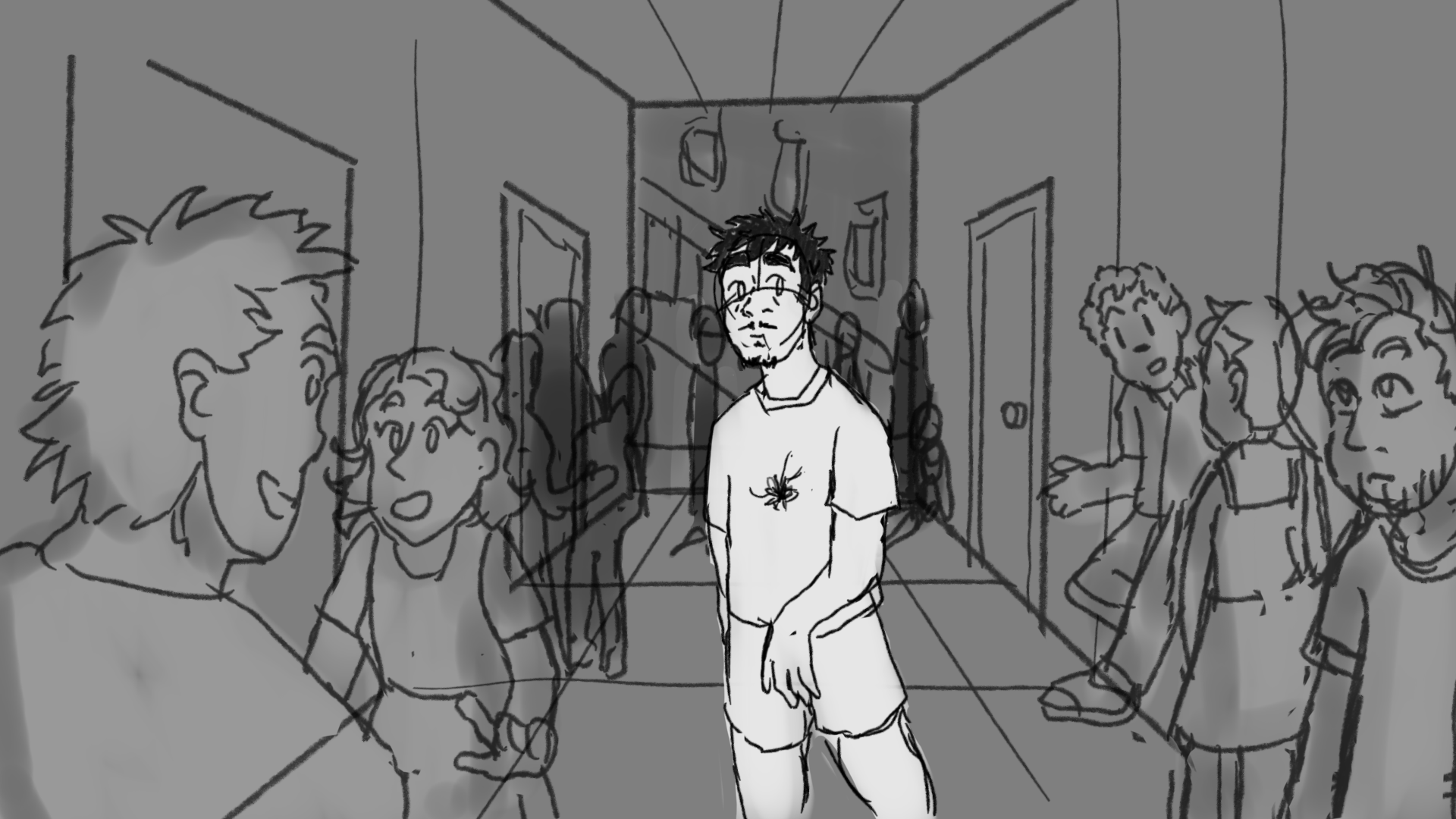 Black and white illustration showing a lone figure in white shirt standing in a corridor whilst grey-toned people surround him.