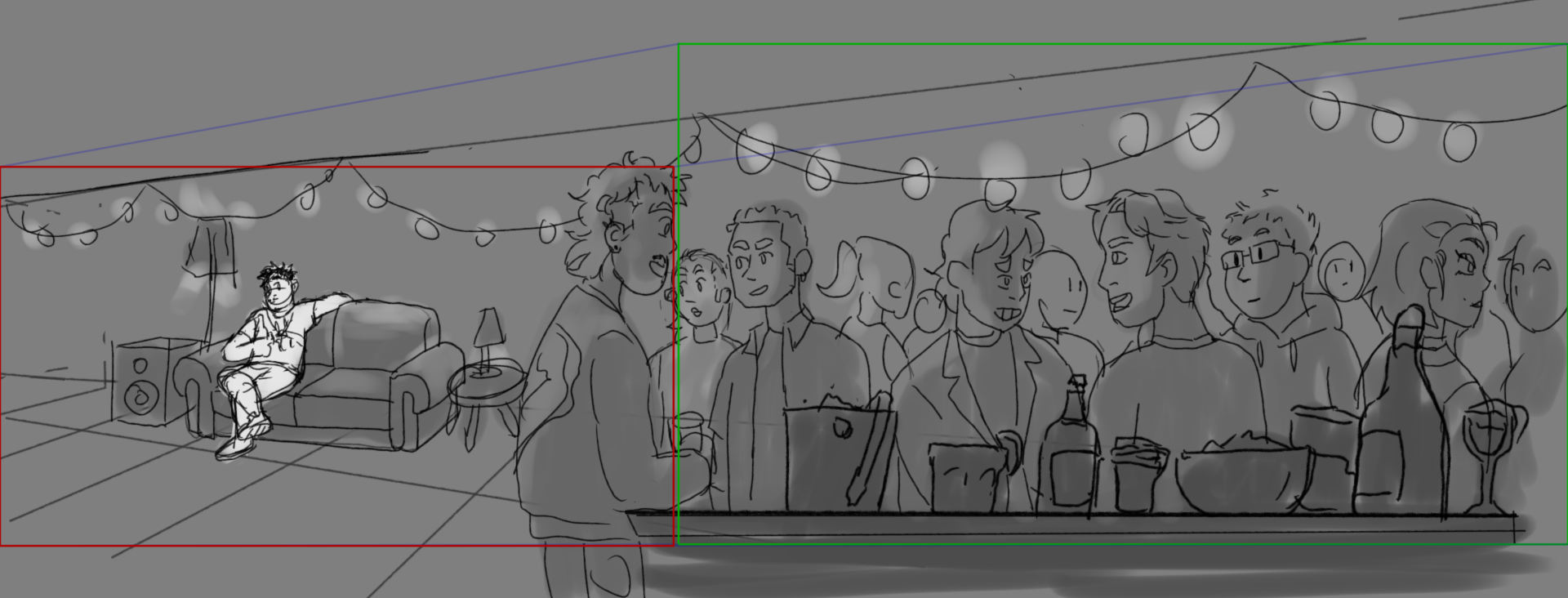 Illustration of a person in white surrounded by figures at a party in dark grey, wide angle shot.
