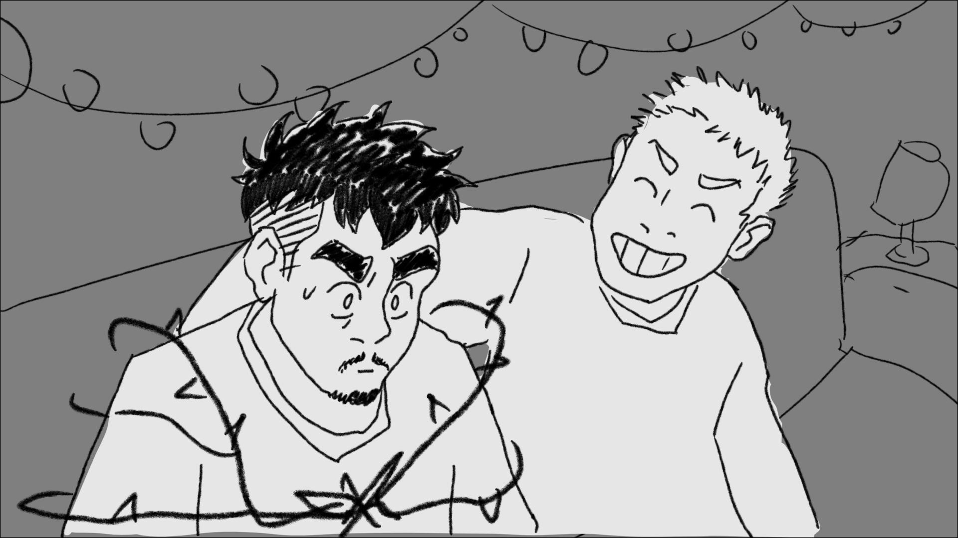Black and white manga-style illustration showing two characters - one with dark messy hair looking concerned, another with light spiky hair grinning widely.