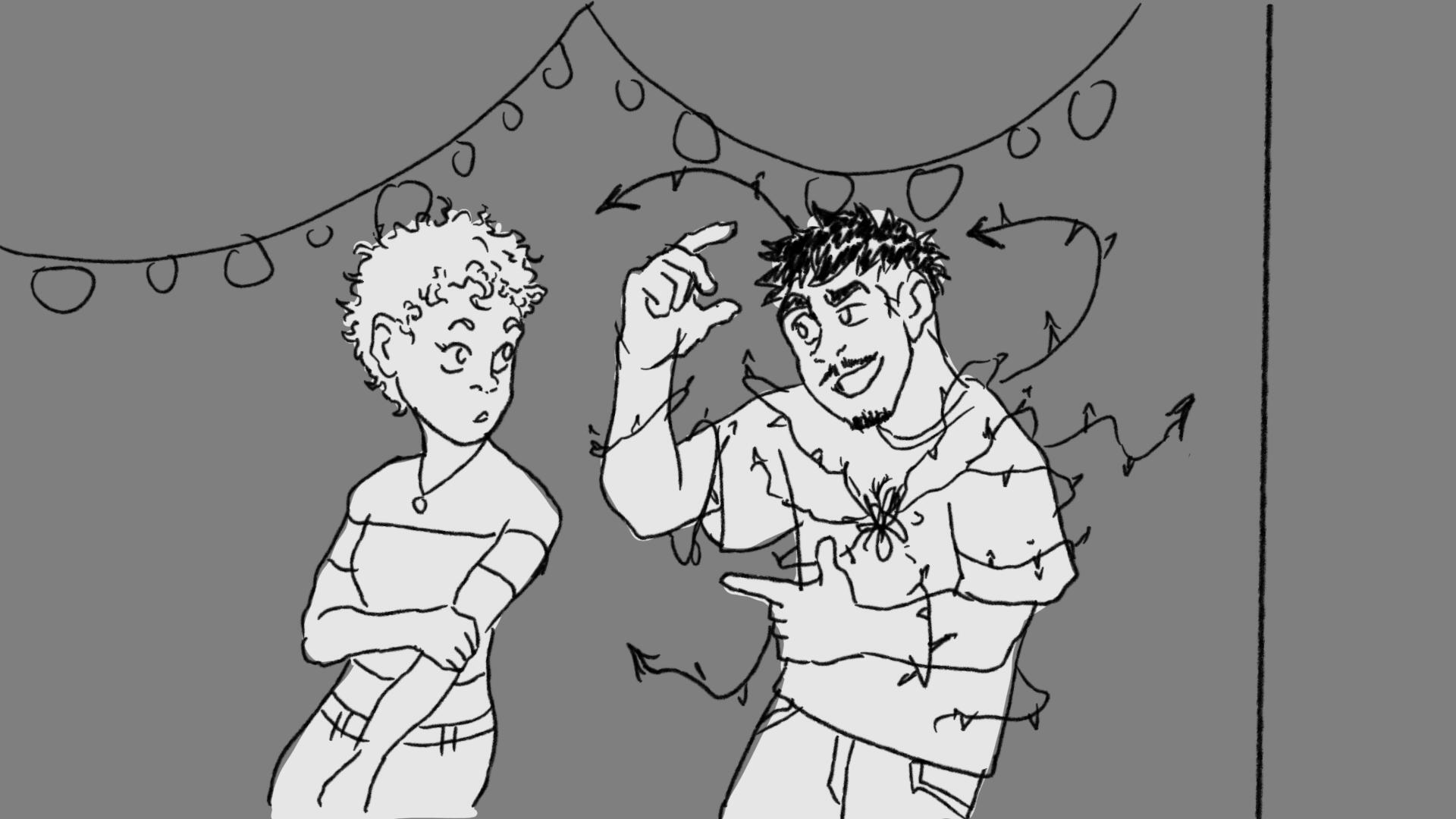 Black and white illustration of two people beneath string lights on grey background. Left figure has curly hair, arms crossed. Right figure gestures with scattered arrows around them.
