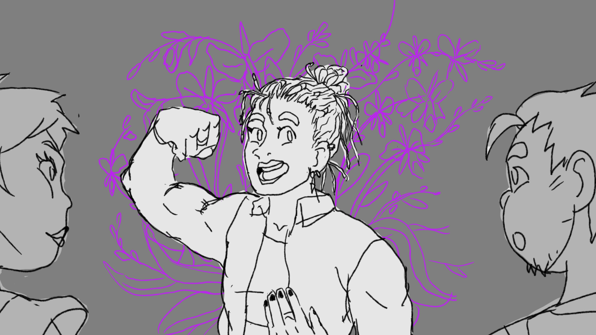 Manga-style illustration with grey background showing central character with raised fist surrounded by purple energy effects, flanked by two profile silhouettes.